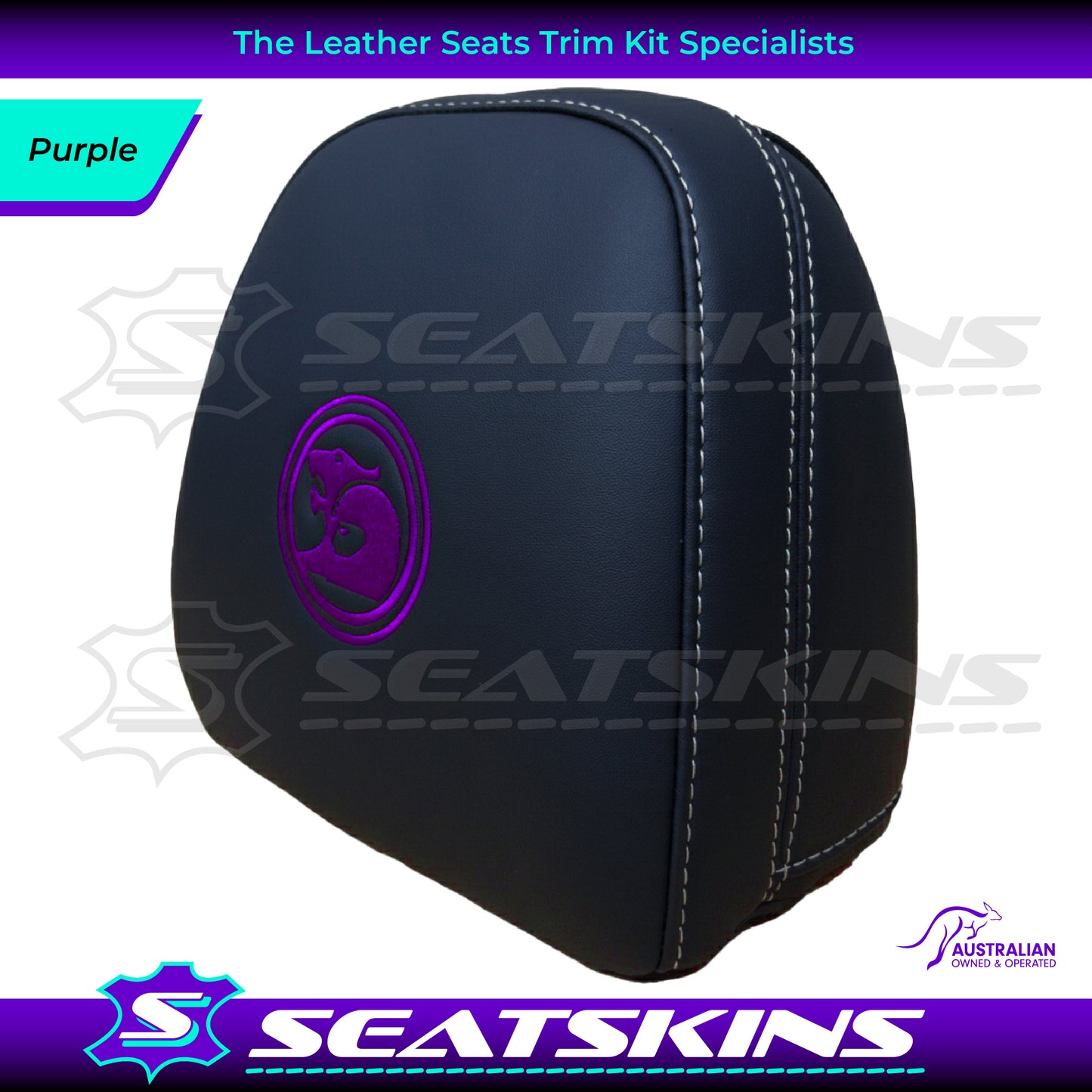 HEADREST COVERS PAIR FOR VF BLACK LEATHERETTE SILVER OR RED STITCH HSV LOGO