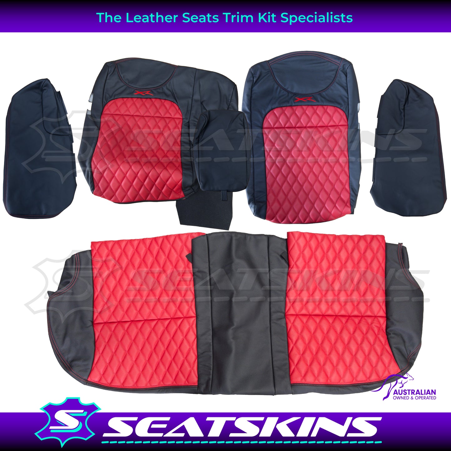 LEATHER SEATS TRIM KIT SKINS FOR FORD AU SEDAN RED XR LOGO DIAMOND STITCH