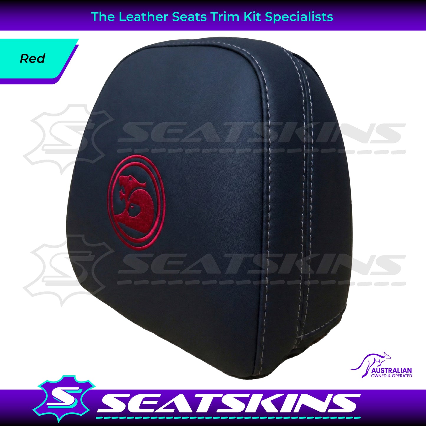 HEADREST COVERS PAIR FOR VF BLACK LEATHERETTE SILVER OR RED STITCH HSV LOGO