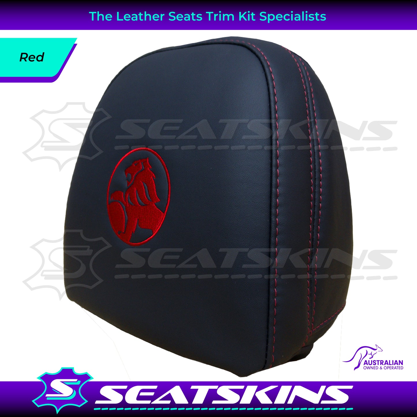 HEADREST COVERS PAIR FOR VF BLACK LEATHERETTE SILVER OR RED STITCH HOLDEN LOGO