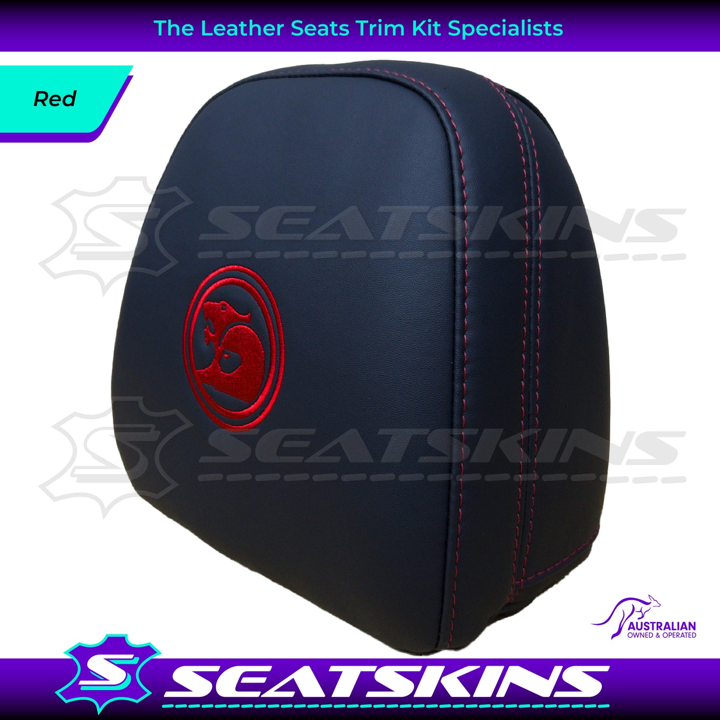 HEADREST COVERS PAIR FOR VF BLACK LEATHERETTE SILVER OR RED STITCH HSV LOGO