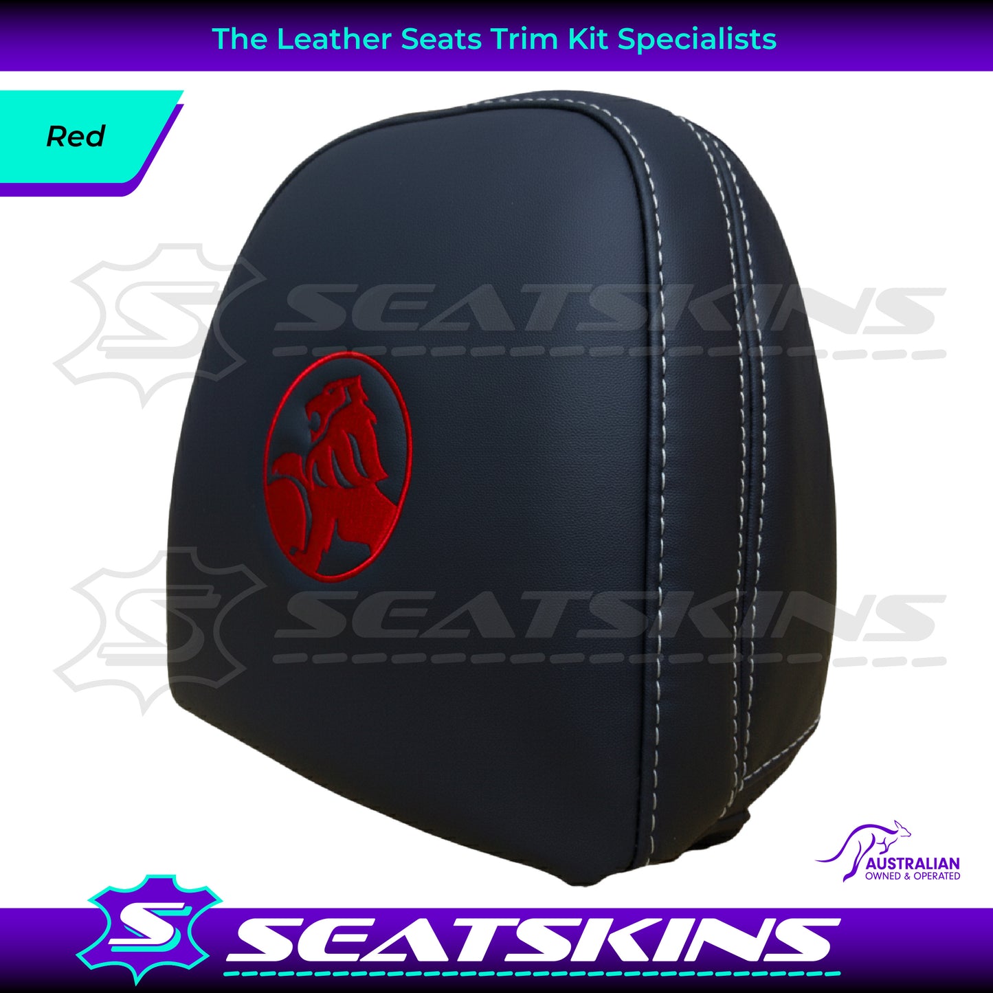 HEADREST COVERS PAIR FOR VF BLACK LEATHERETTE SILVER OR RED STITCH HOLDEN LOGO