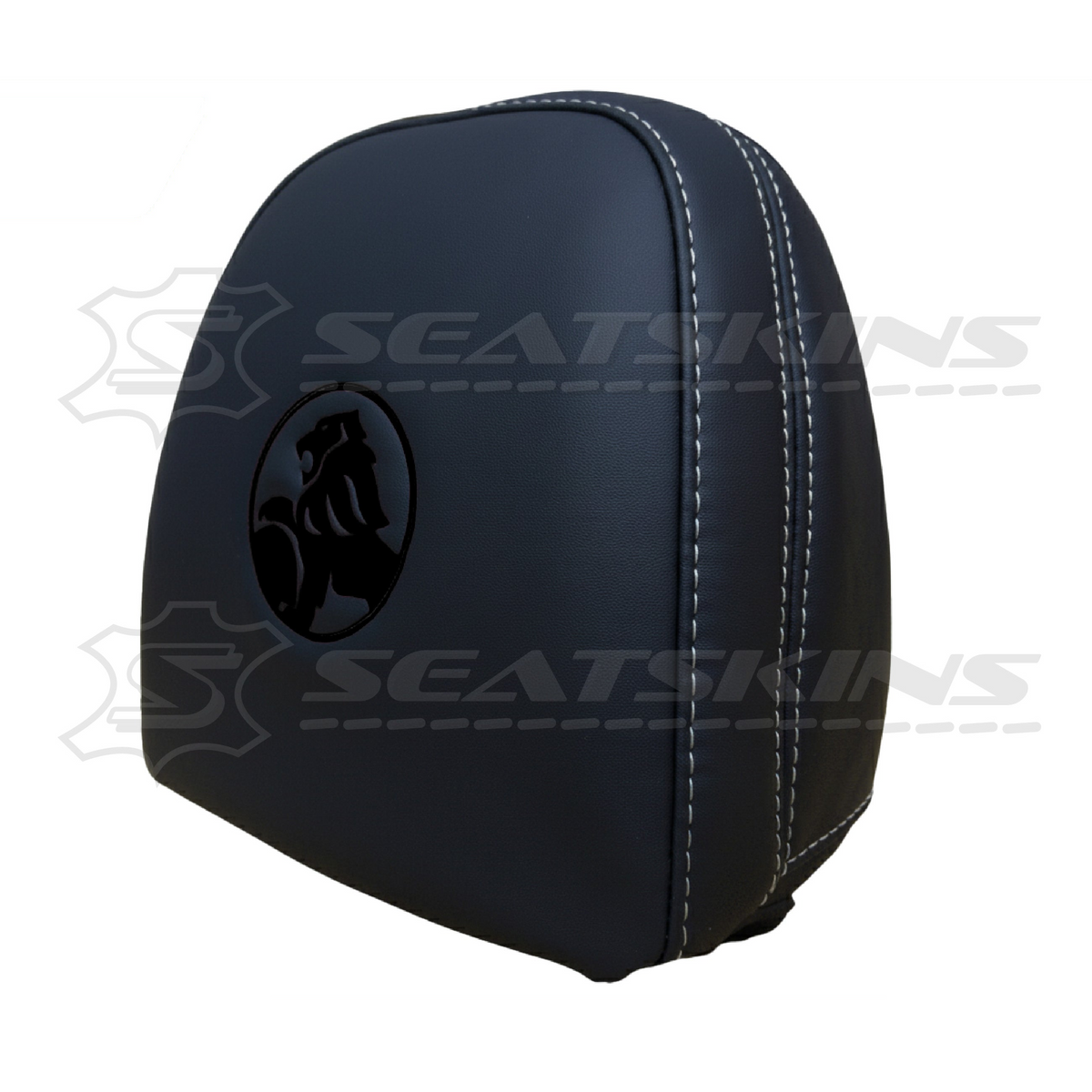 Headrest covers pair for VF black leatherette silver or red stitch HOLDEN logo – product view 26