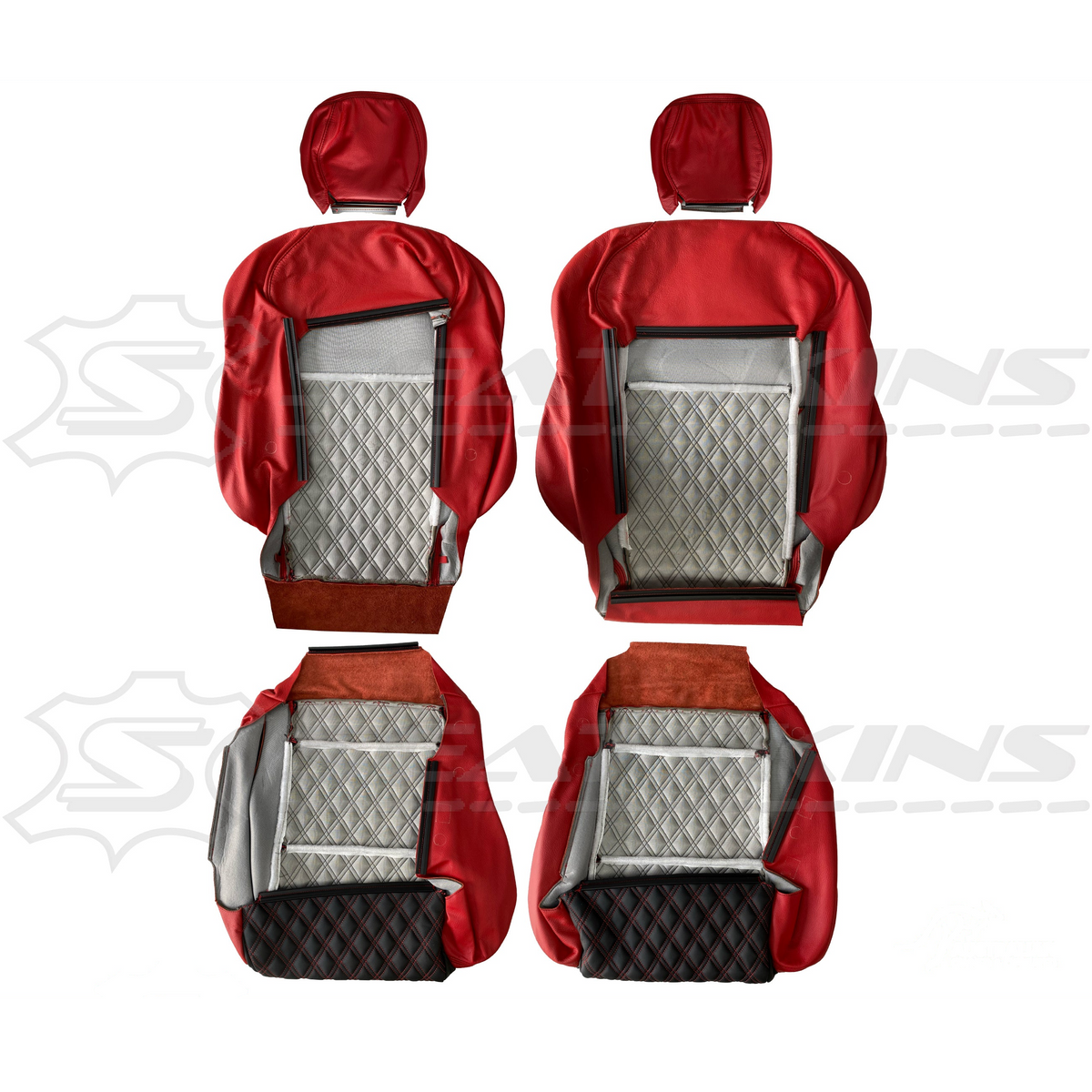 LEATHER SEATS TRIM KIT FOR VT/VX SS UTE 2 FRONT SEATS RED/BLACK DIAMOND STITCH