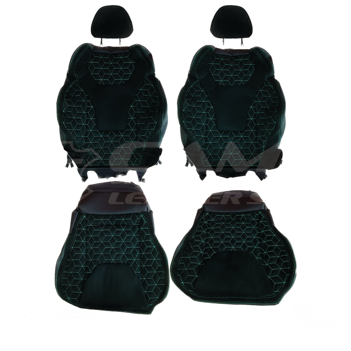 LEATHER SEATS TRIM KIT FOR HOLDEN HSV VF GTS 2 SEATS BLACK SUEDE WITH TEAL STITCH