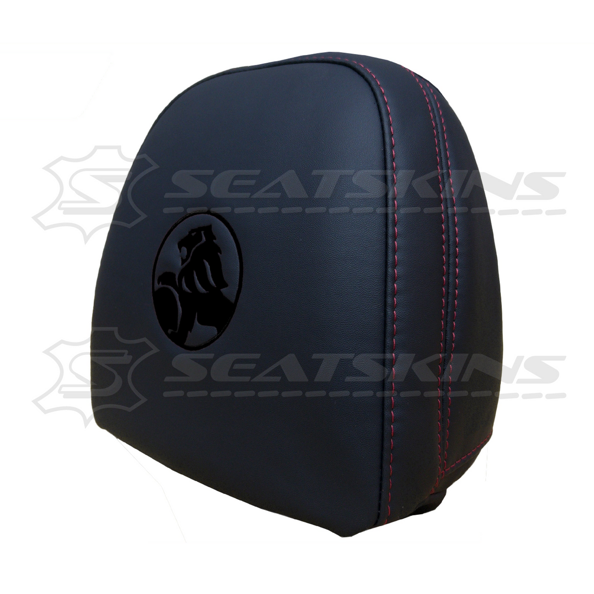 Headrest covers pair for VF black leatherette silver or red stitch HOLDEN logo – product view 13