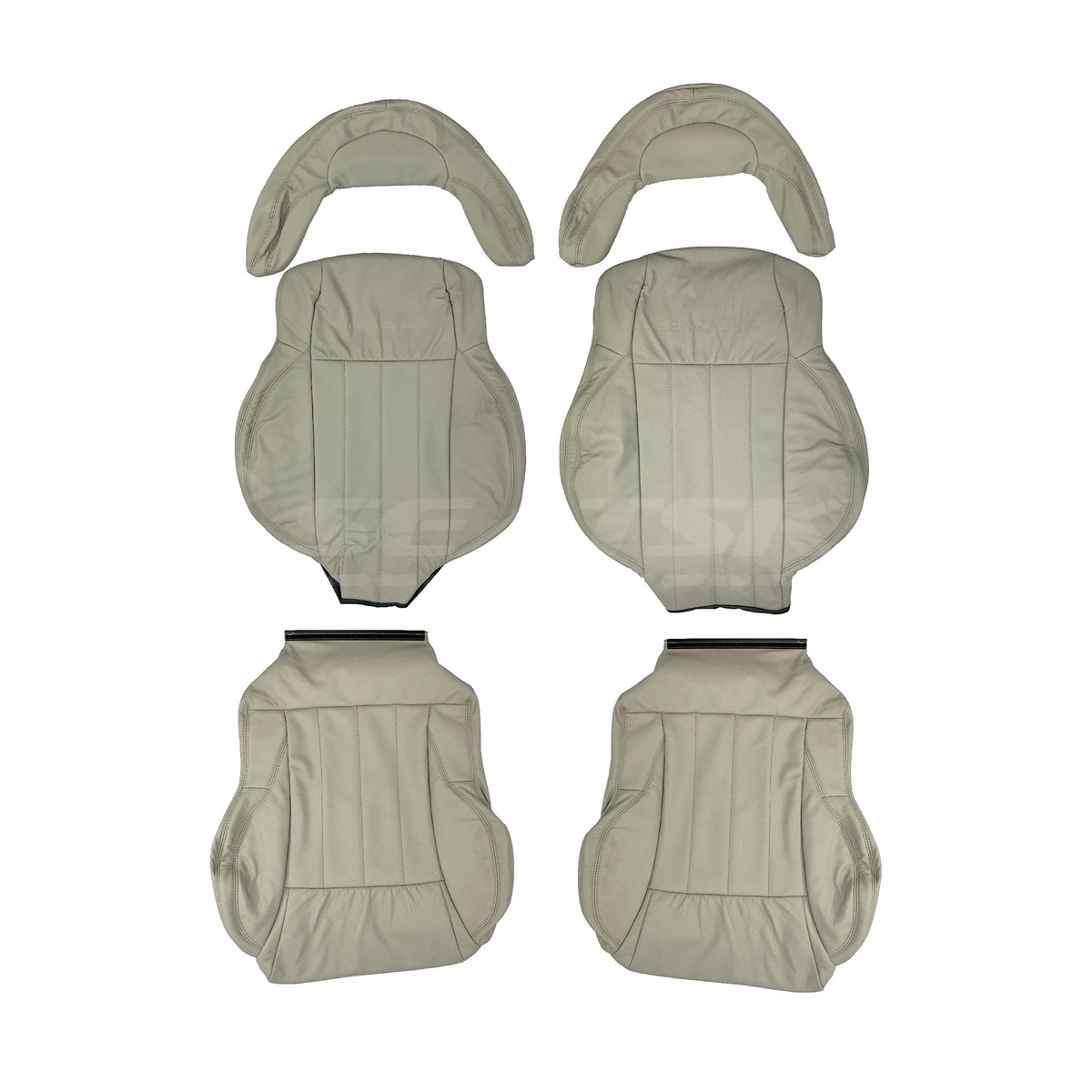 A set of light shale colored leather seats trim kit parts laid out on a white background, including covers for driver and front passenger seats, as well as rear seat cushion and backrest covers.