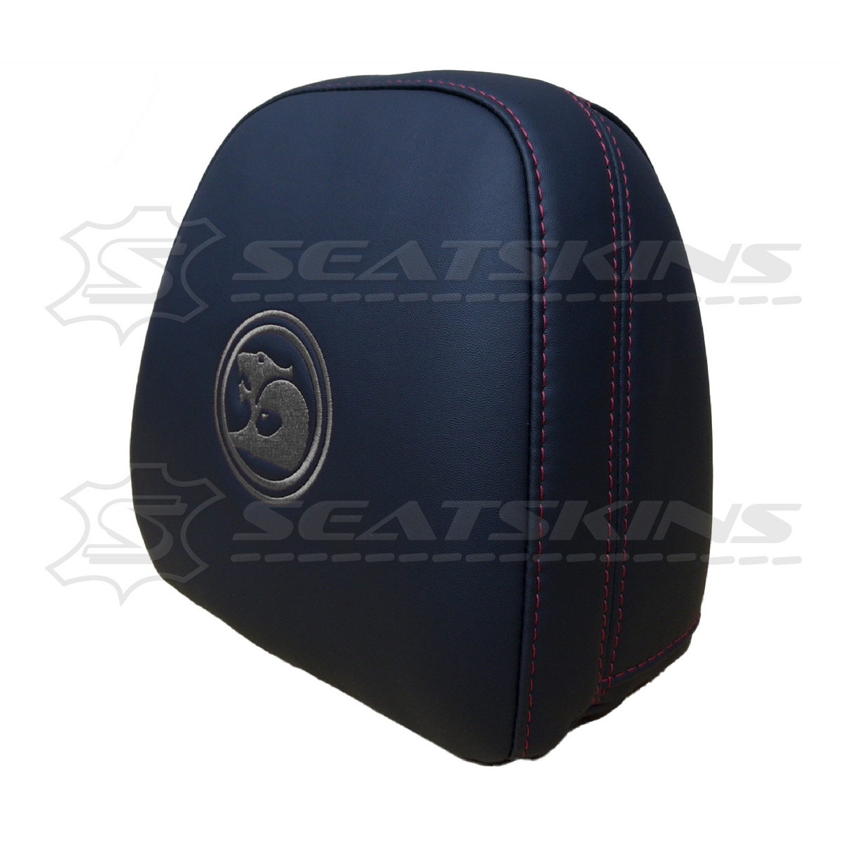 Headrest covers pair for VF black leatherette silver or red stitch HSV logo – product view 21