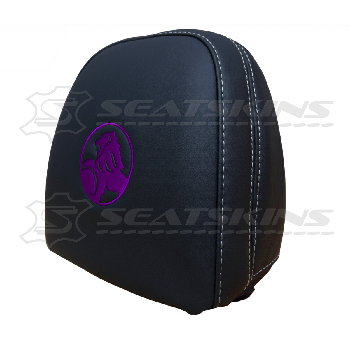 Headrest covers pair for VF black leatherette silver or red stitch HOLDEN logo – product view 21