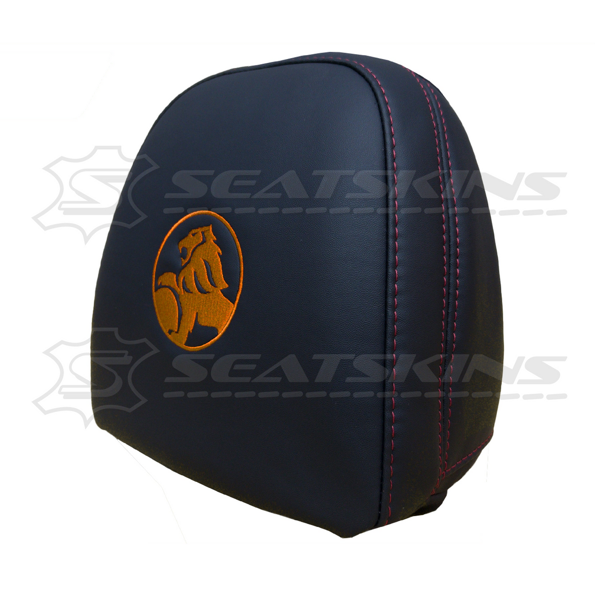 Headrest covers pair for VF black leatherette silver or red stitch HOLDEN logo – product view 11