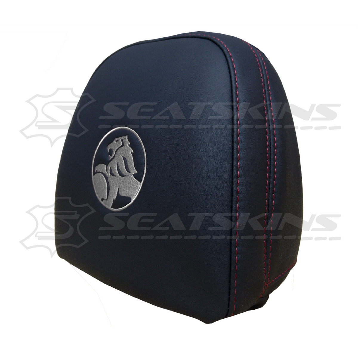 Headrest covers pair for VF black leatherette silver or red stitch HOLDEN logo – product view 9