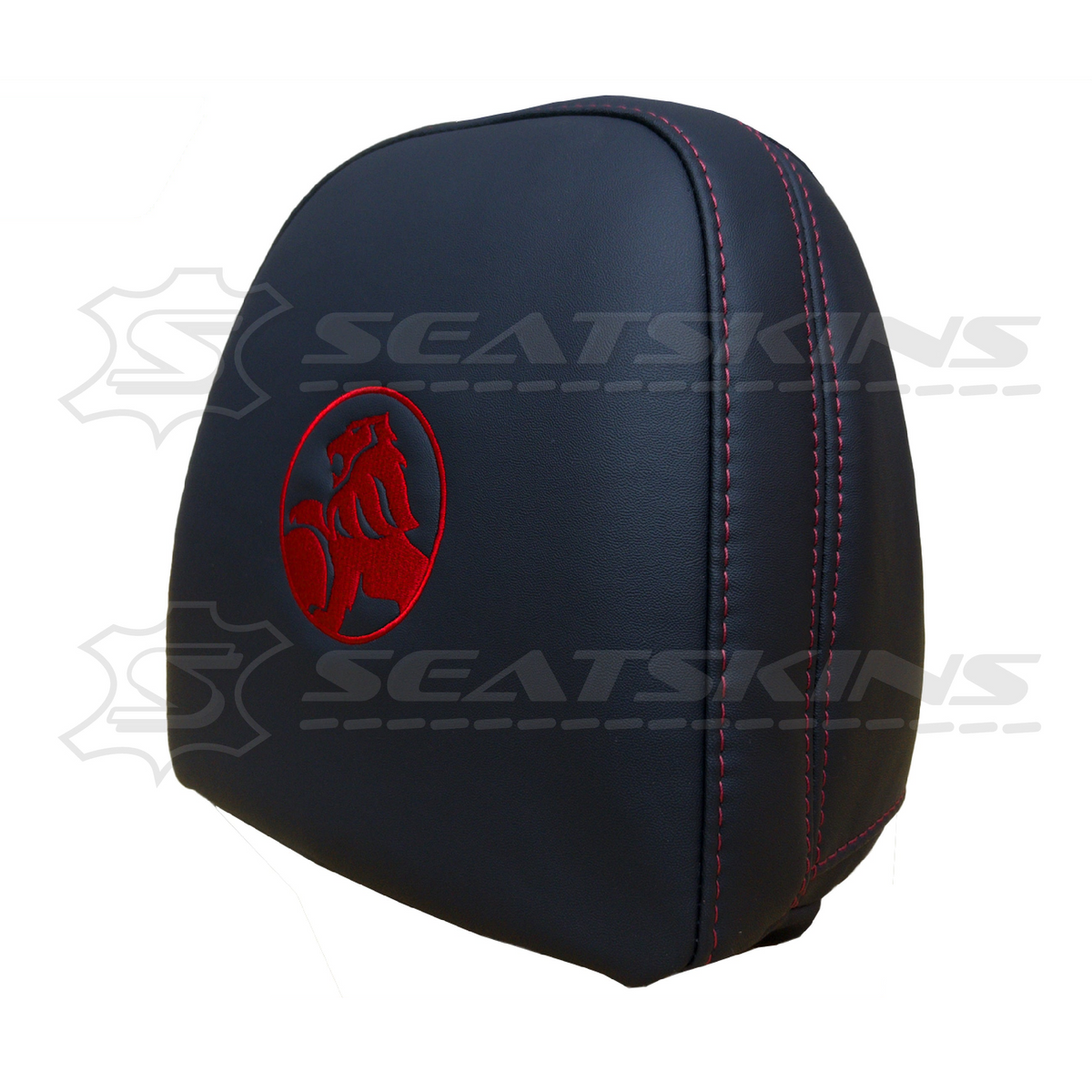 Headrest covers pair for VF black leatherette silver or red stitch HOLDEN logo – product view 2