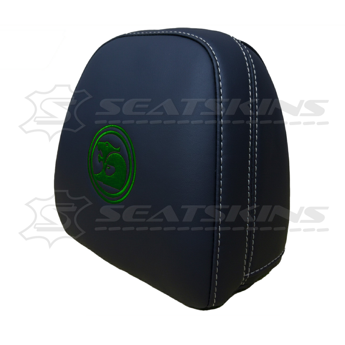 Headrest covers pair for VF black leatherette silver or red stitch HSV logo – product view 12