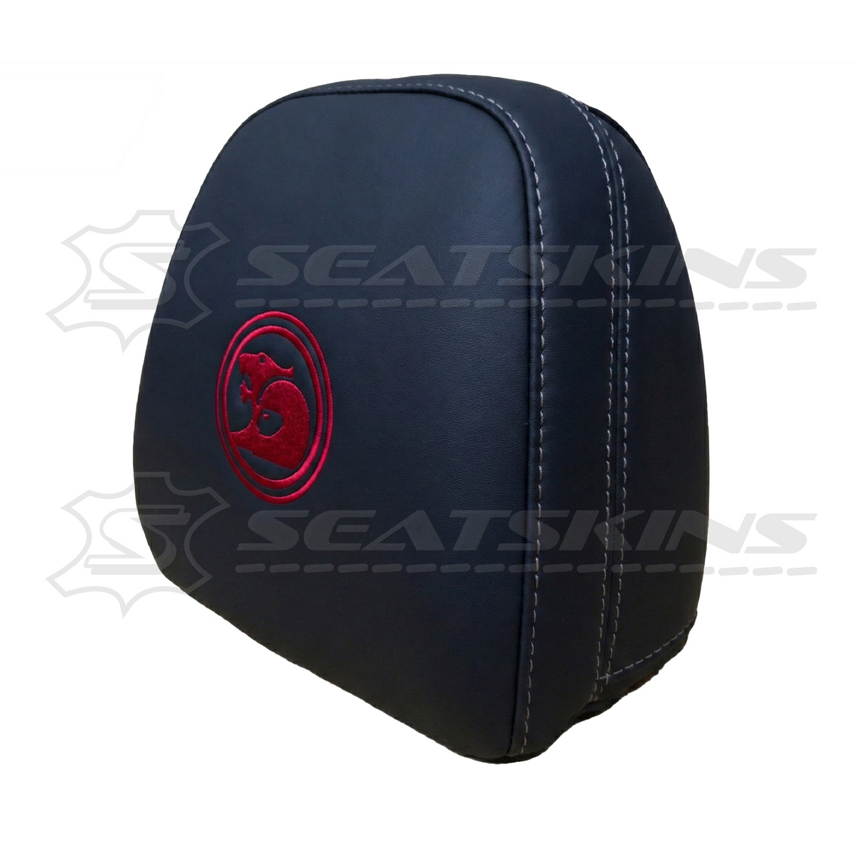Headrest covers pair for VF black leatherette silver or red stitch HSV logo – product view 14
