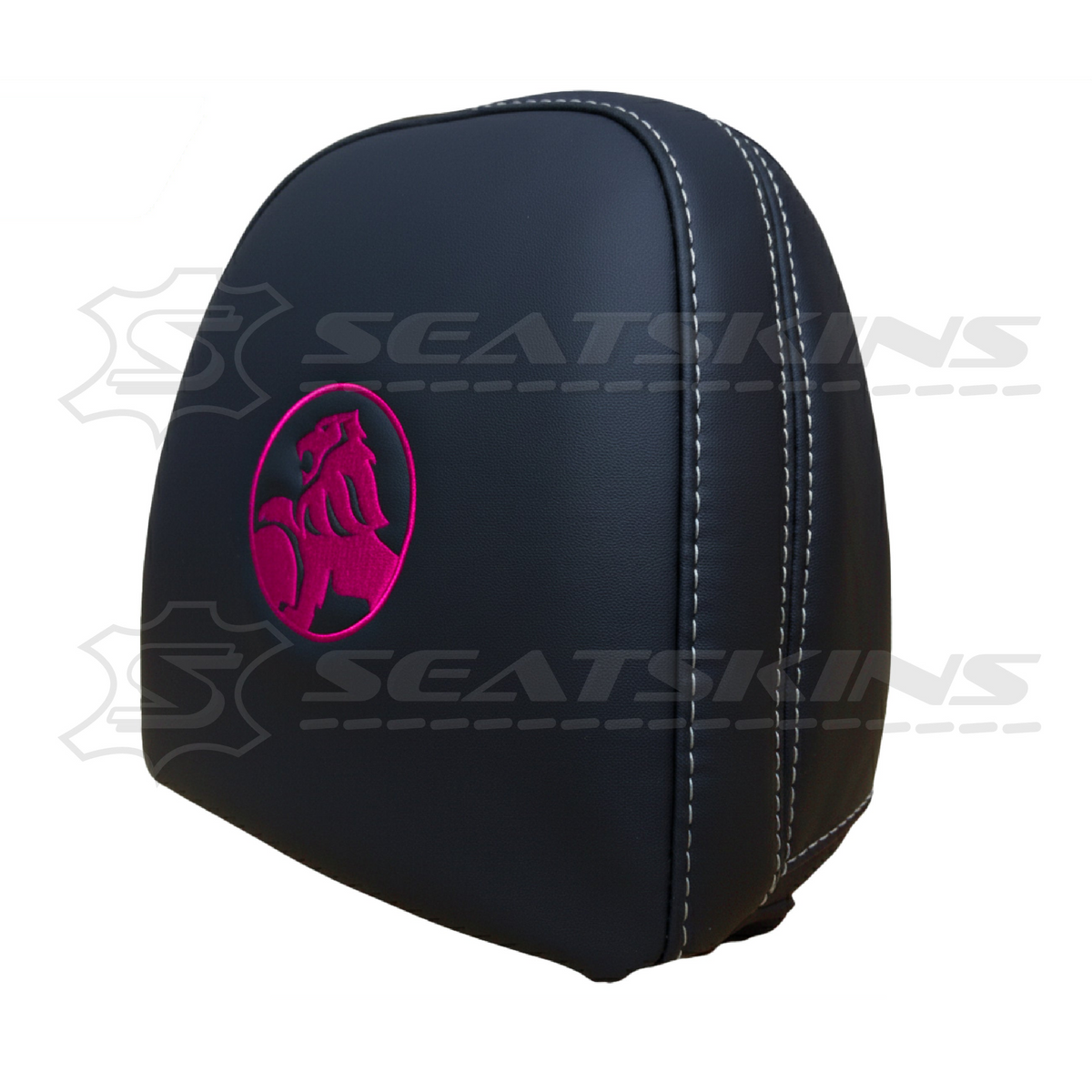 Headrest covers pair for VF black leatherette silver or red stitch HOLDEN logo – product view 23
