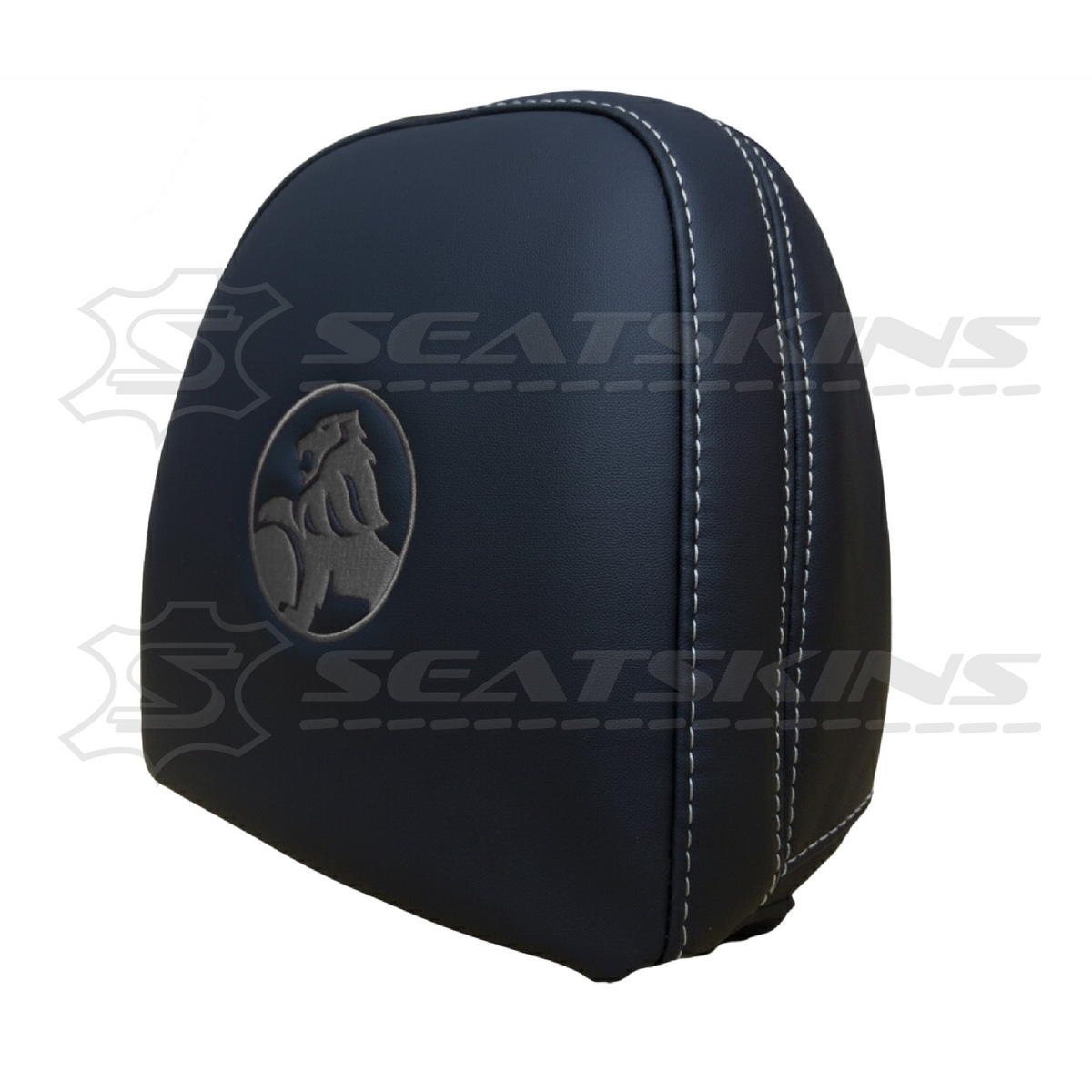 Headrest covers pair for VF black leatherette silver or red stitch HOLDEN logo – product view 27