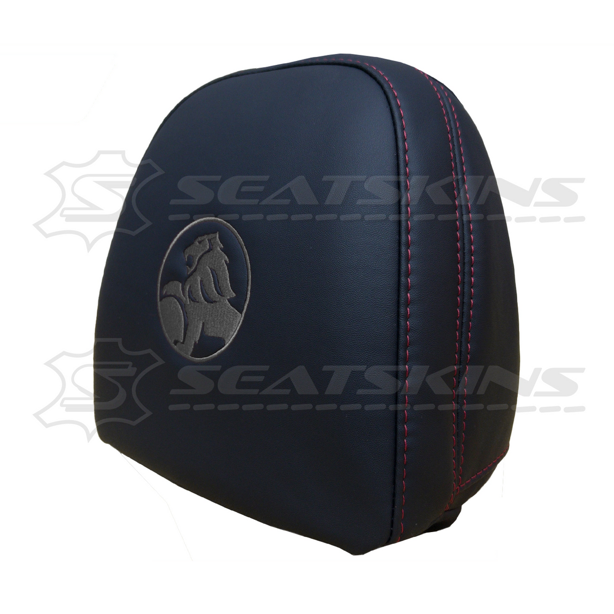 Headrest covers pair for VF black leatherette silver or red stitch HOLDEN logo – product view 14