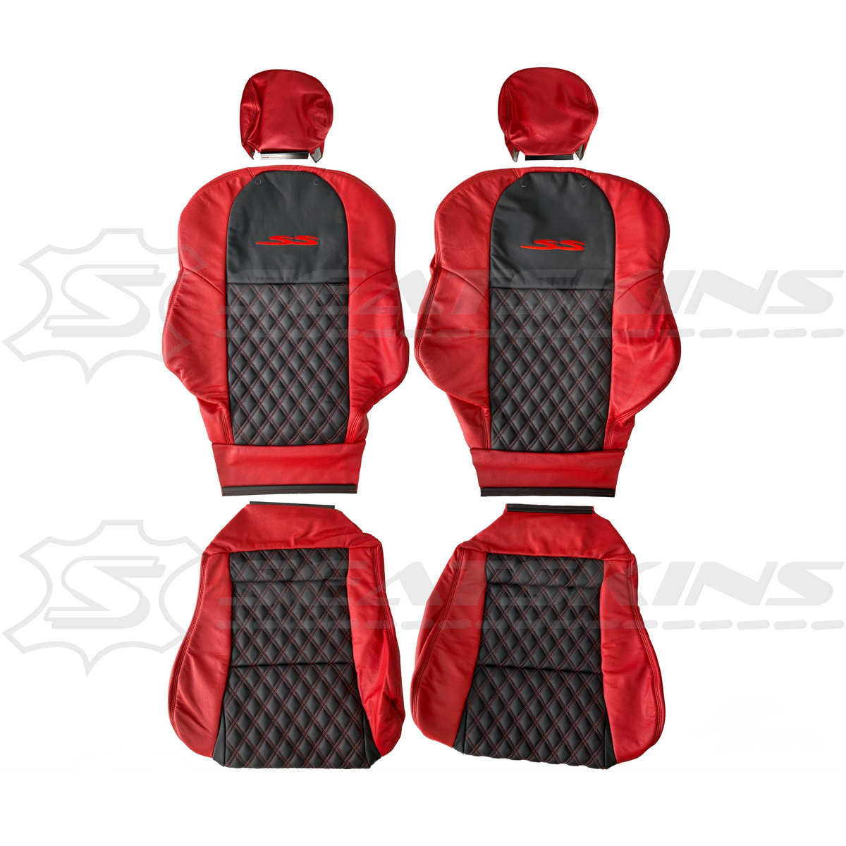 LEATHER SEATS TRIM KIT FOR VT/VX SS UTE 2 FRONT SEATS RED/BLACK DIAMOND STITCH