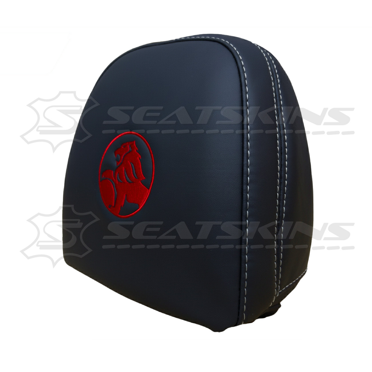 Headrest covers pair for VF black leatherette silver or red stitch HOLDEN logo – product view 15