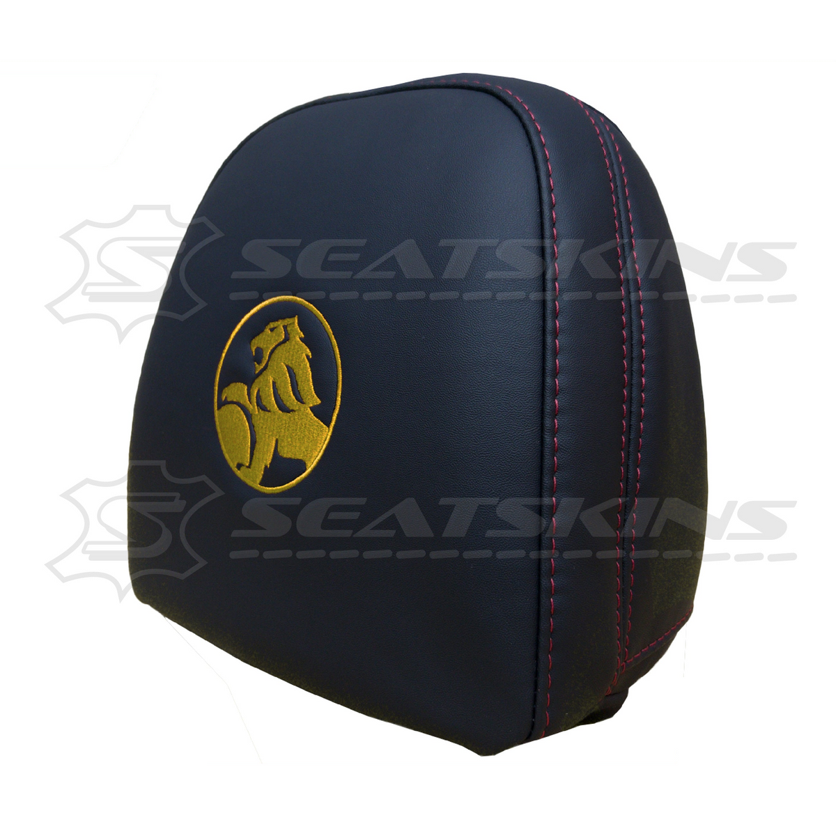 Headrest covers pair for VF black leatherette silver or red stitch HOLDEN logo – product view 6