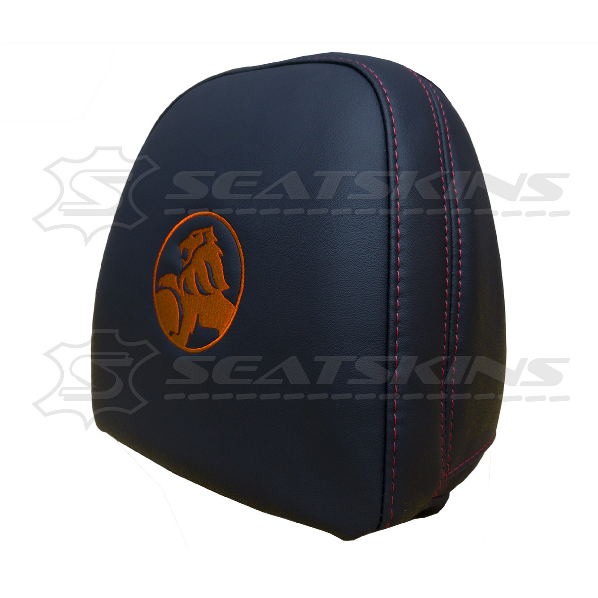 Headrest covers pair for VF black leatherette silver or red stitch HOLDEN logo – product view 12