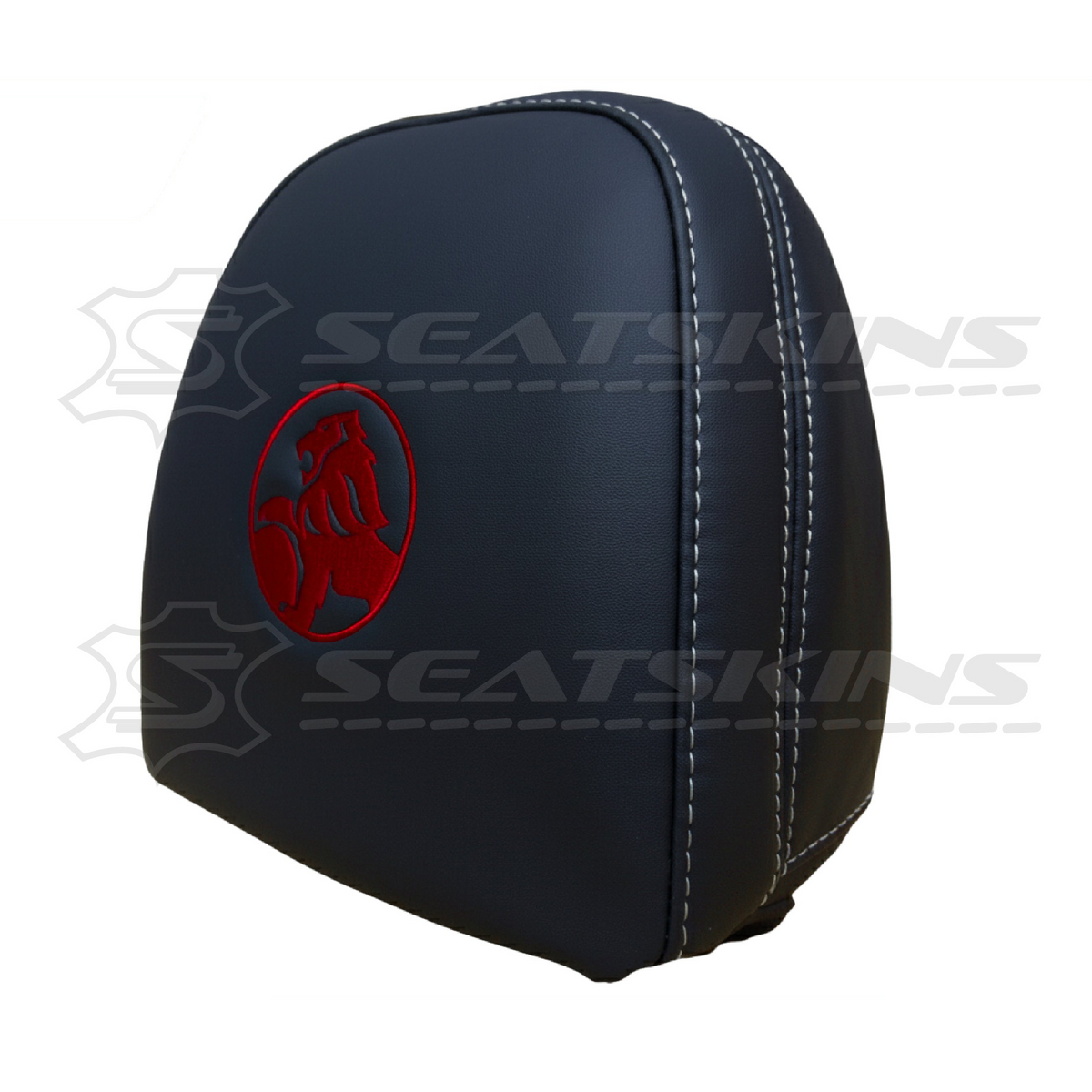 Headrest covers pair for VF black leatherette silver or red stitch HOLDEN logo – product view 16