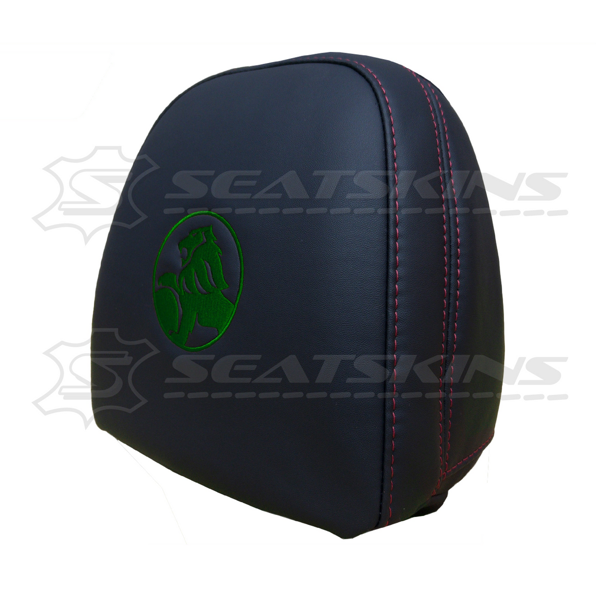 Headrest covers pair for VF black leatherette silver or red stitch HOLDEN logo – product view 7