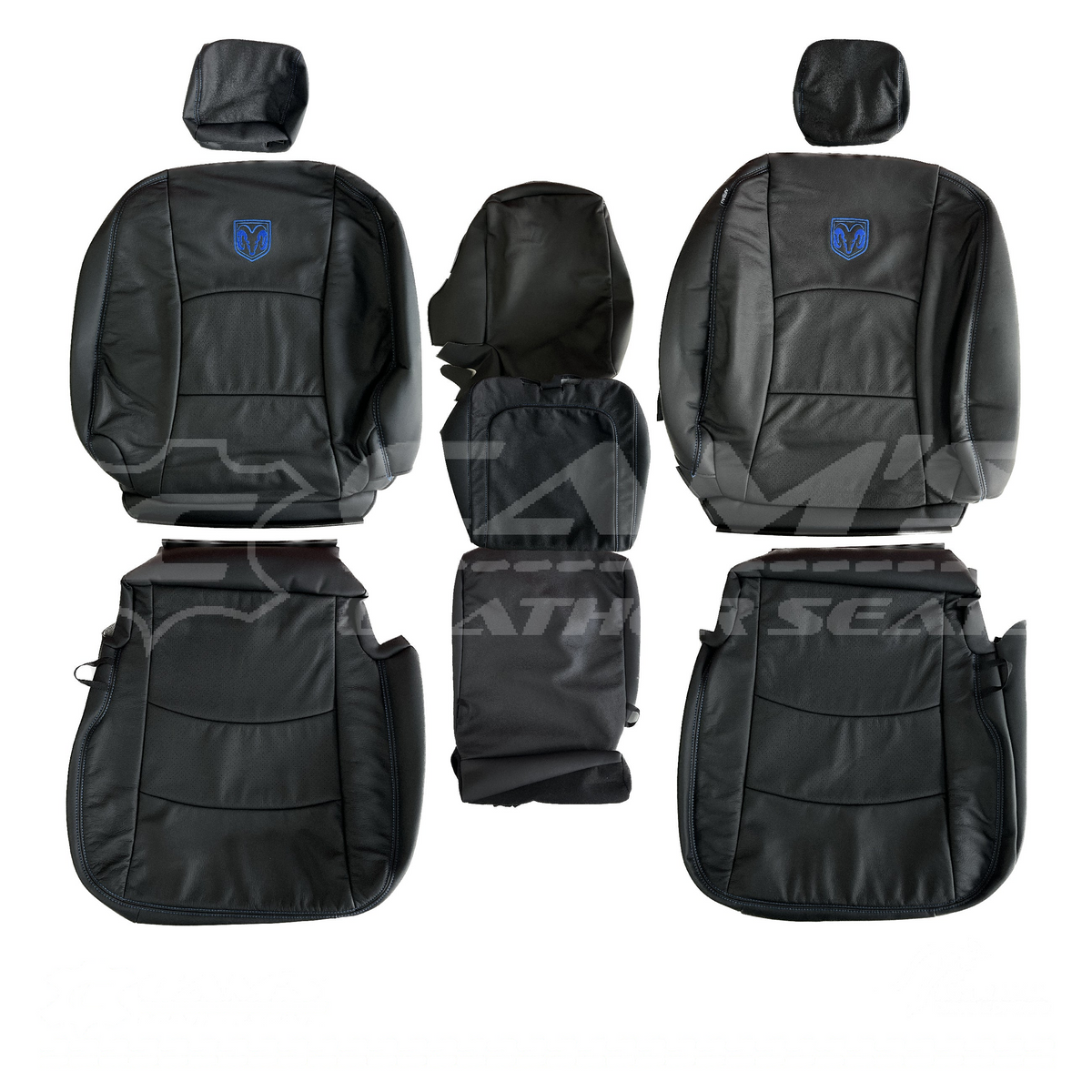 LEATHER SEATS TRIM KIT SKINS FOR RAM CLASSIC DS 1500 BLACK WITH BLUE STITCH & LOGOS