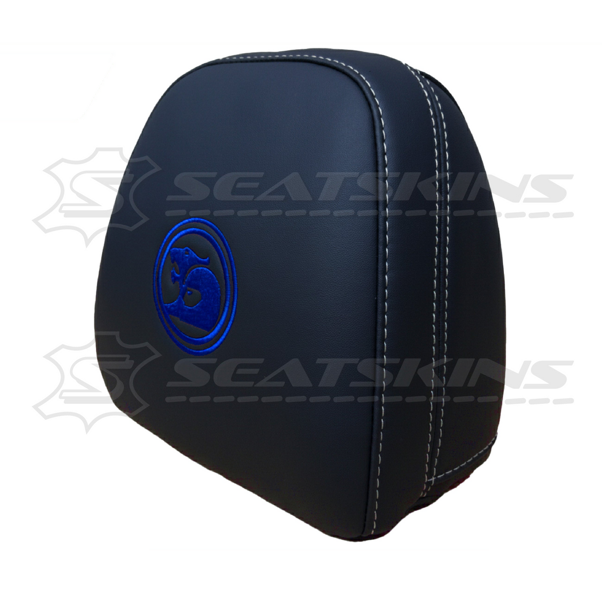 HEADREST COVERS PAIR FOR VF BLACK LEATHERETTE SILVER OR RED STITCH HSV LOGO