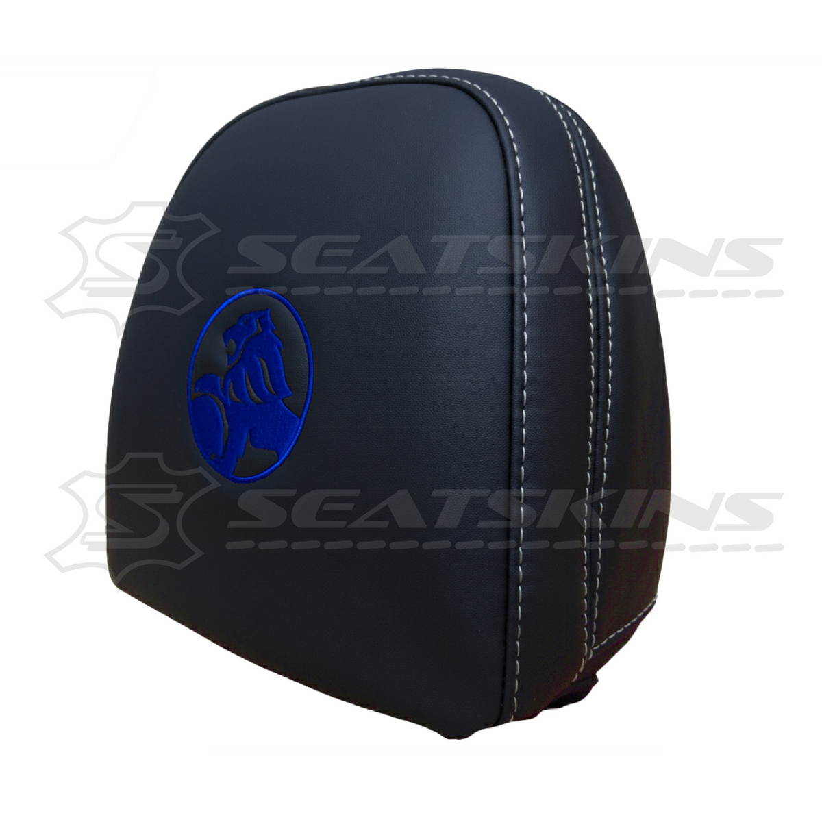 Headrest covers pair for VF black leatherette silver or red stitch HOLDEN logo – product view 17