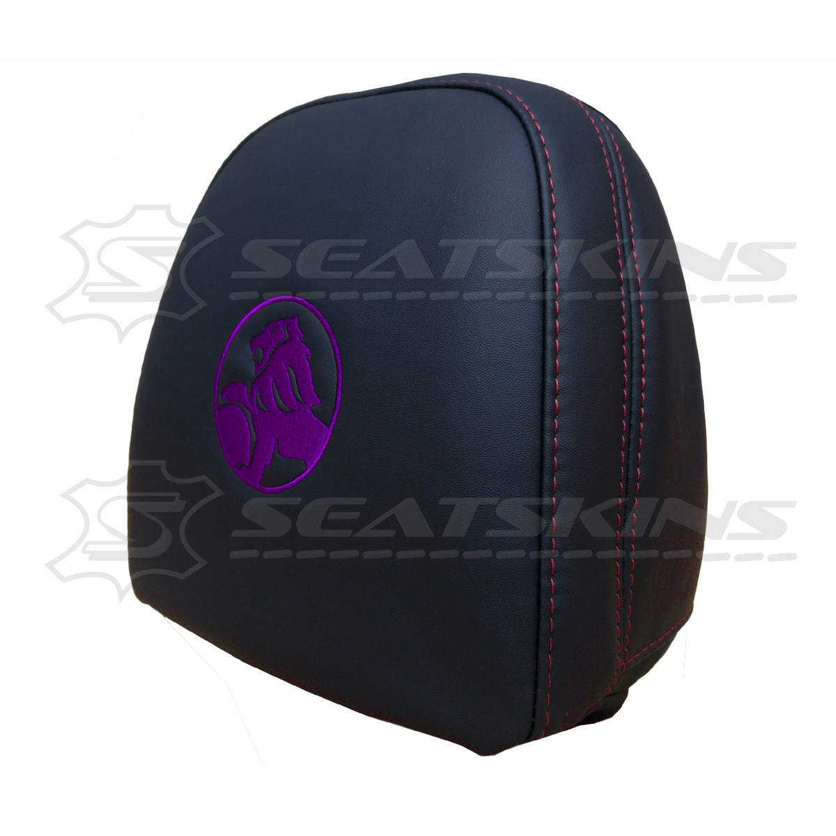 Headrest covers pair for VF black leatherette silver or red stitch HOLDEN logo – product view 8