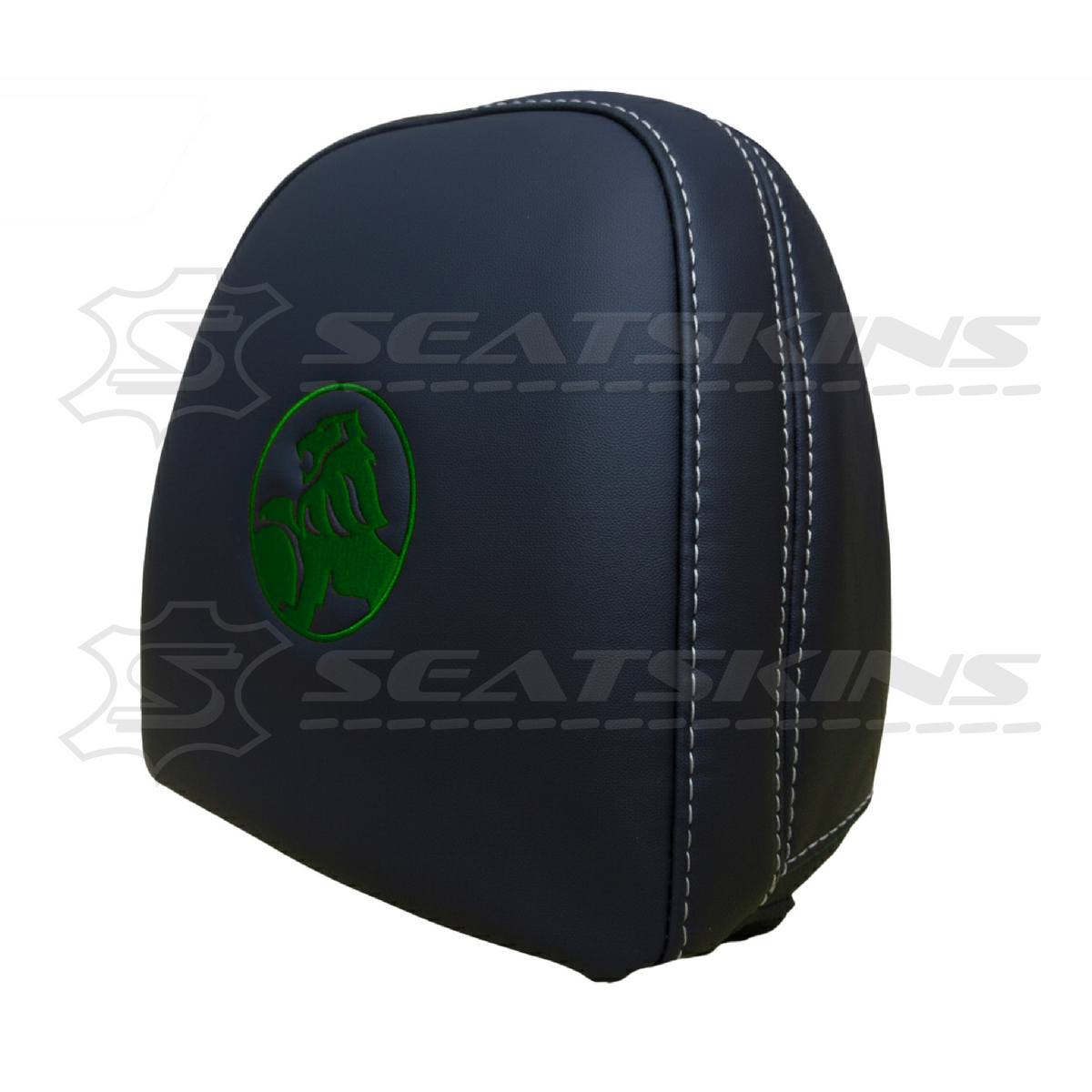 Headrest covers pair for VF black leatherette silver or red stitch HOLDEN logo – product view 20