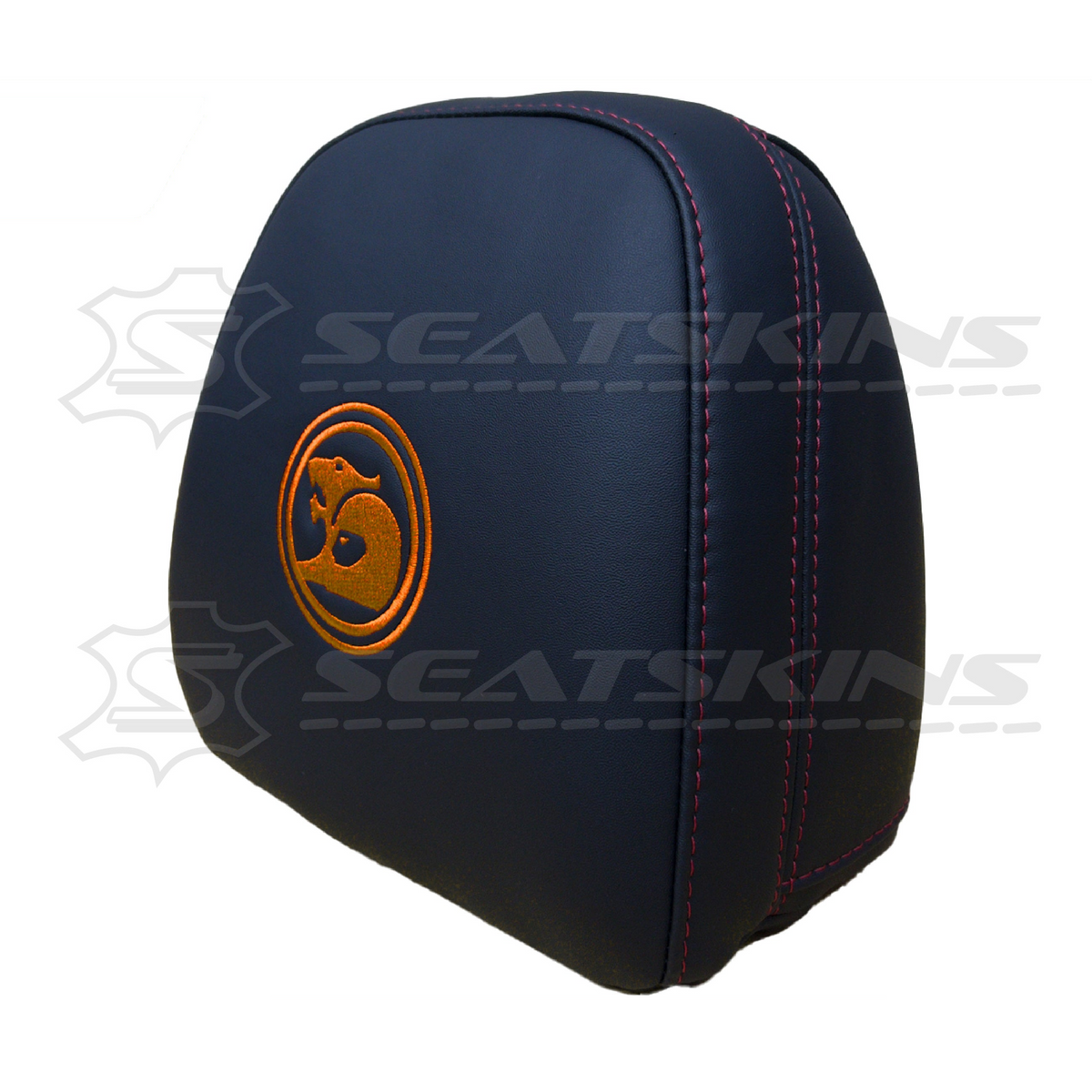 Headrest covers pair for VF black leatherette silver or red stitch HSV logo – product view 16