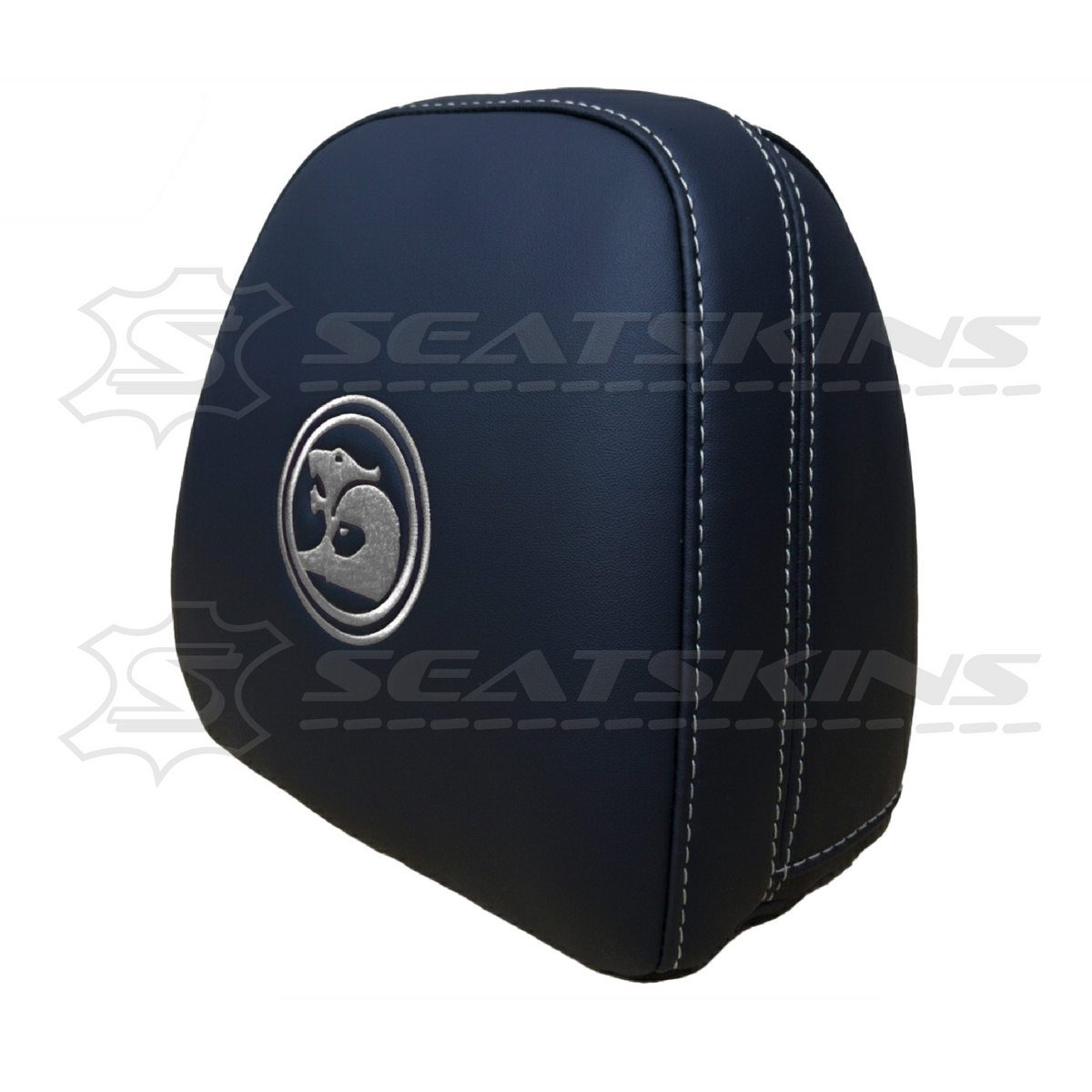 Headrest covers pair for VF black leatherette silver or red stitch HSV logo – product view 9