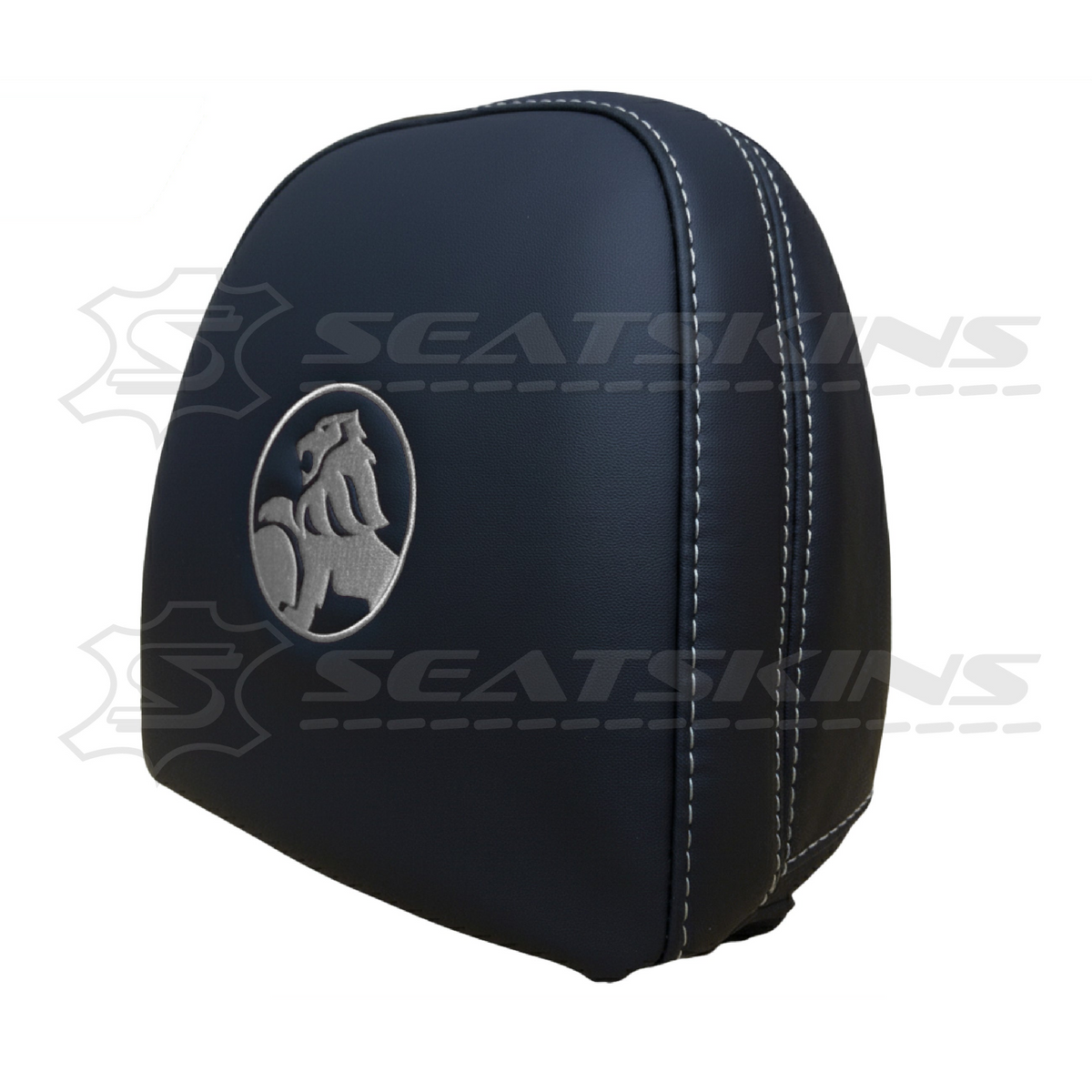 Headrest covers pair for VF black leatherette silver or red stitch HOLDEN logo – product view 18