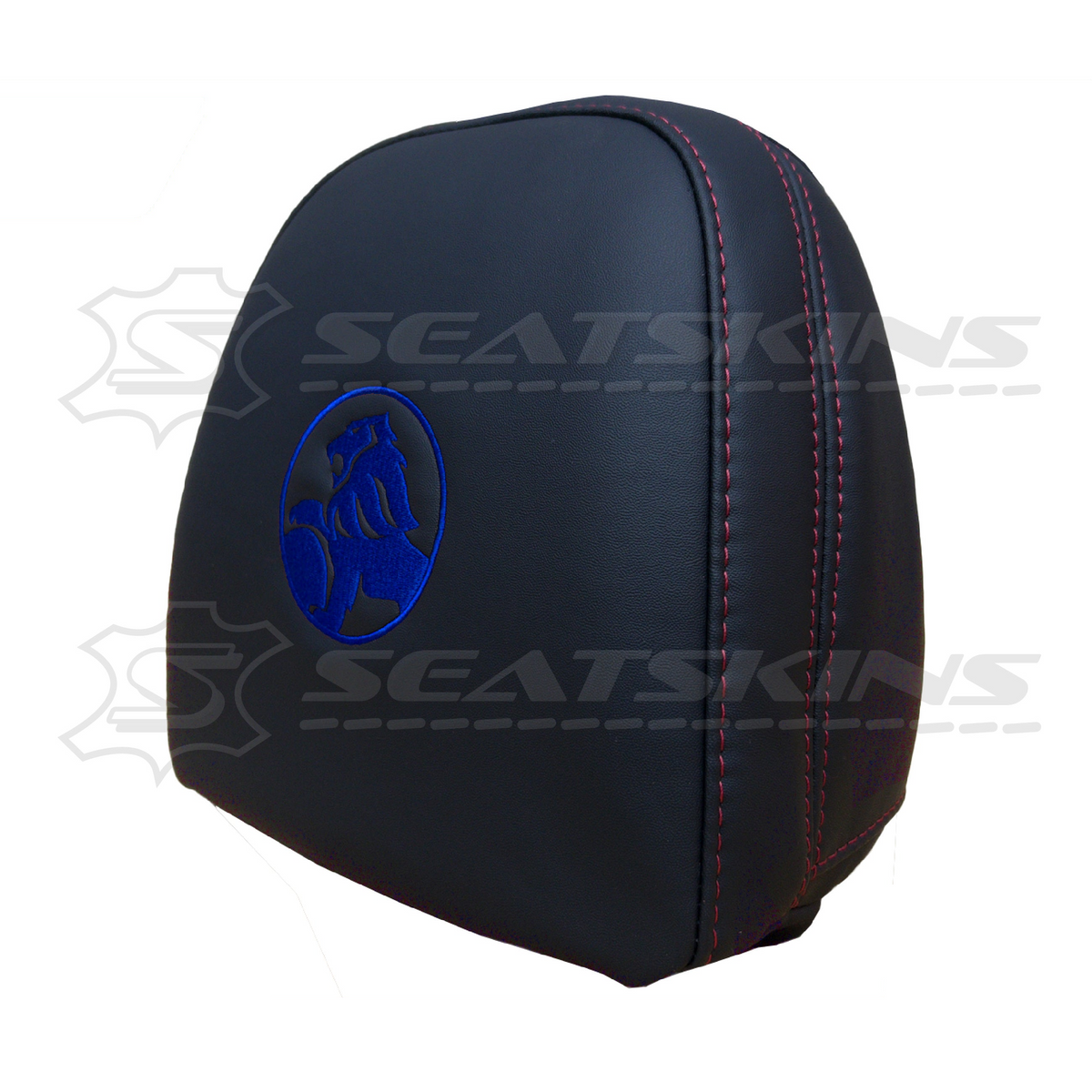 Headrest covers pair for VF black leatherette silver or red stitch HOLDEN logo – product view 4