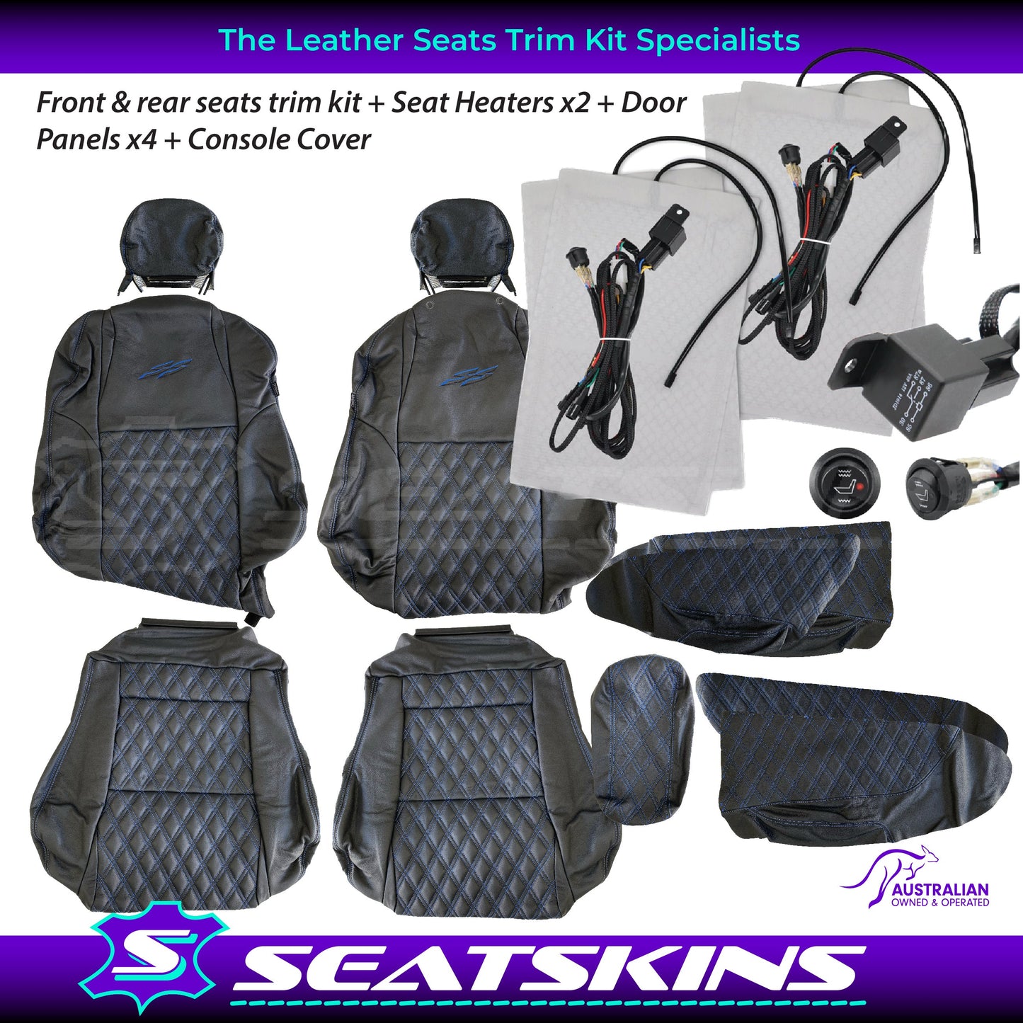 LEATHER SEATS TRIM KIT SKINS TO FIT HOLDEN VY S2 / VZ SS SEDAN BLUE DIAMOND STITCH