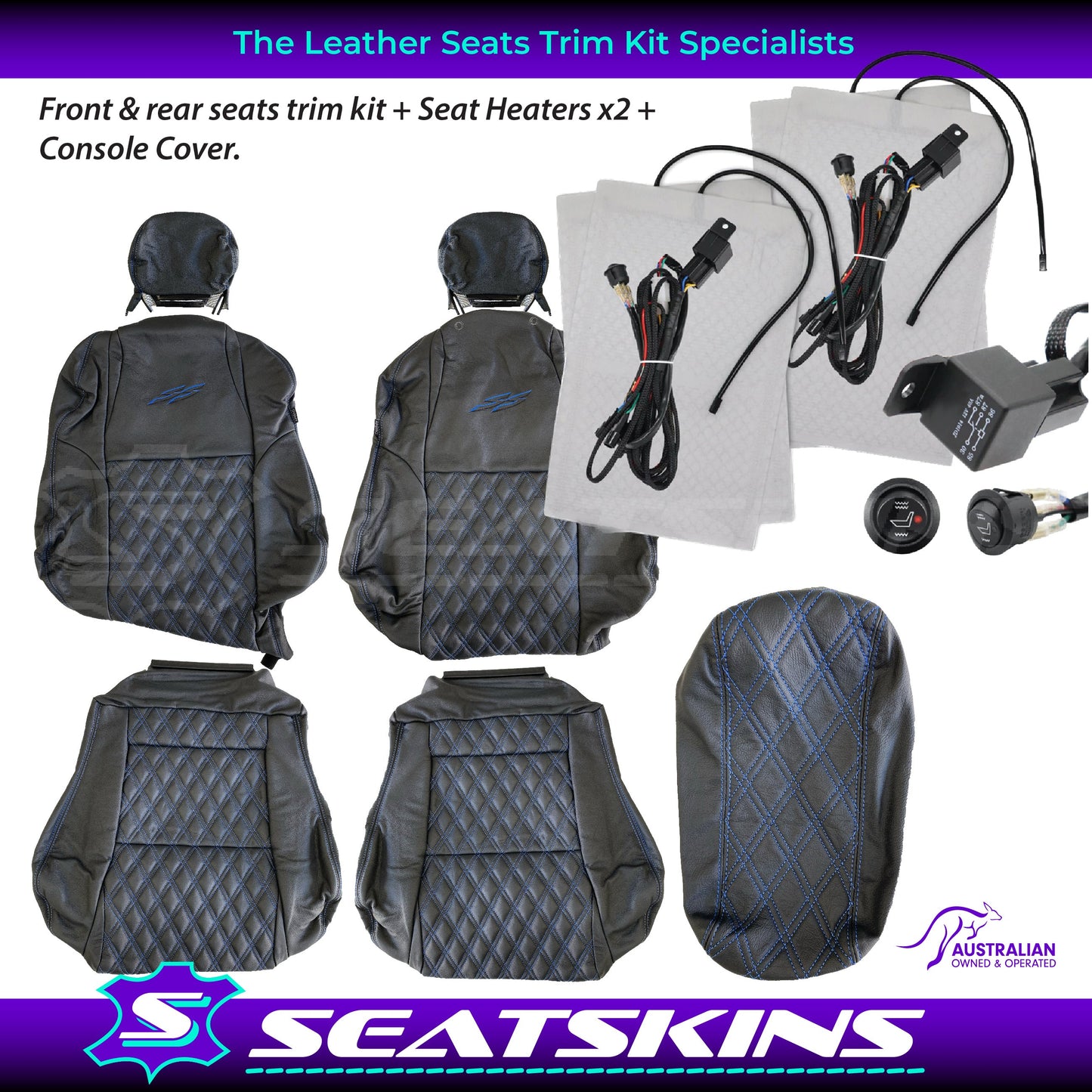 LEATHER SEATS TRIM KIT SKINS TO FIT HOLDEN VY S2 / VZ SS SEDAN BLUE DIAMOND STITCH