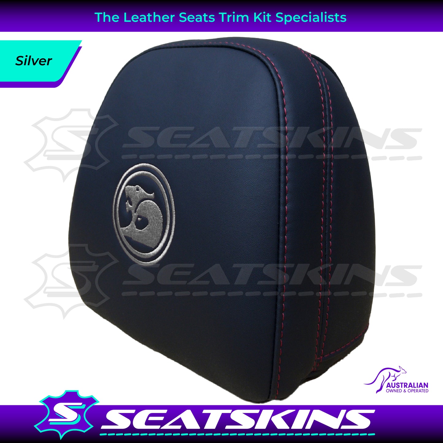 HEADREST COVERS PAIR FOR VF BLACK LEATHERETTE SILVER OR RED STITCH HSV LOGO
