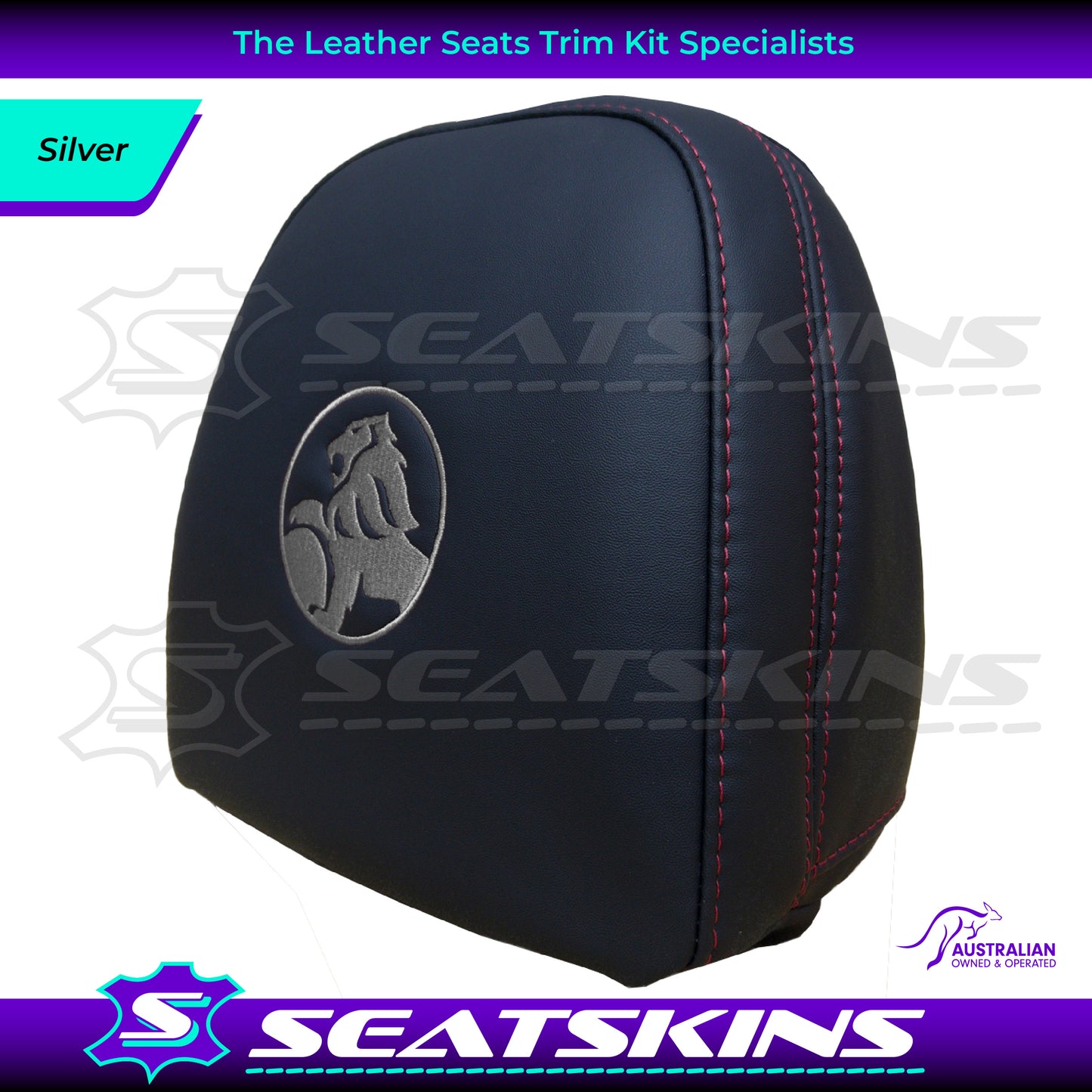 HEADREST COVERS PAIR FOR VF BLACK LEATHERETTE SILVER OR RED STITCH HOLDEN LOGO
