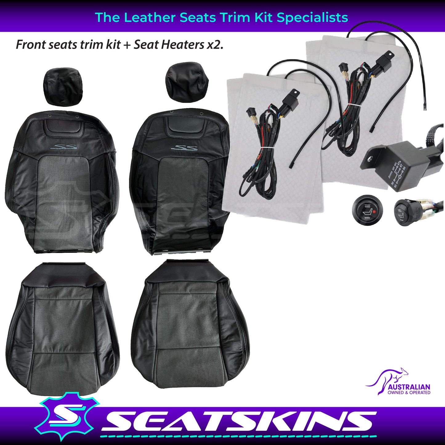 LEATHER SEATS TRIM KIT FOR VE SS 2 FRONT SEATS OR UTE ONYX & GREY PERF INSERTS