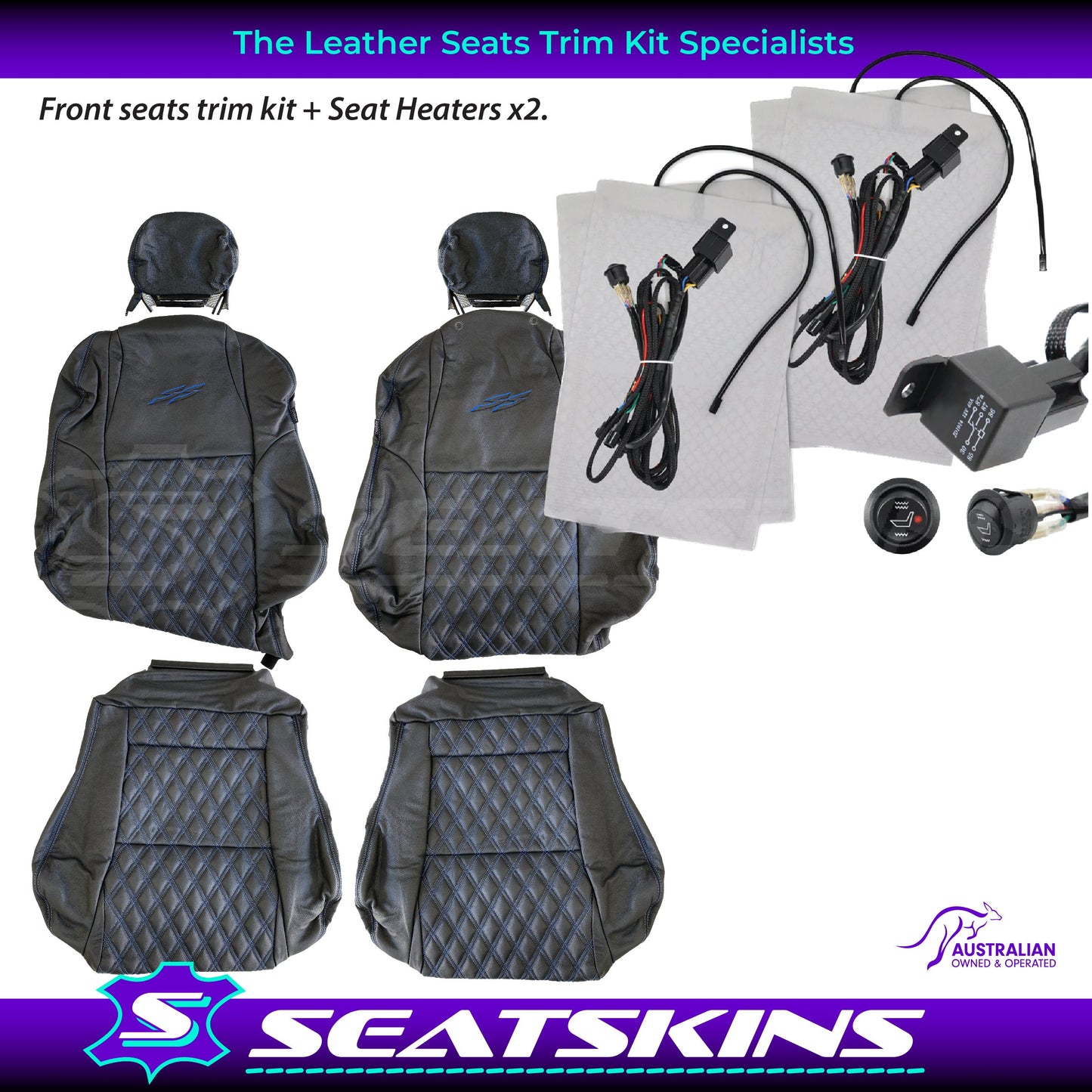 LEATHER SEATS TRIM KIT SKINS TO FIT HOLDEN VY S2 / VZ SS UTE BLUE DIAMOND STITCH