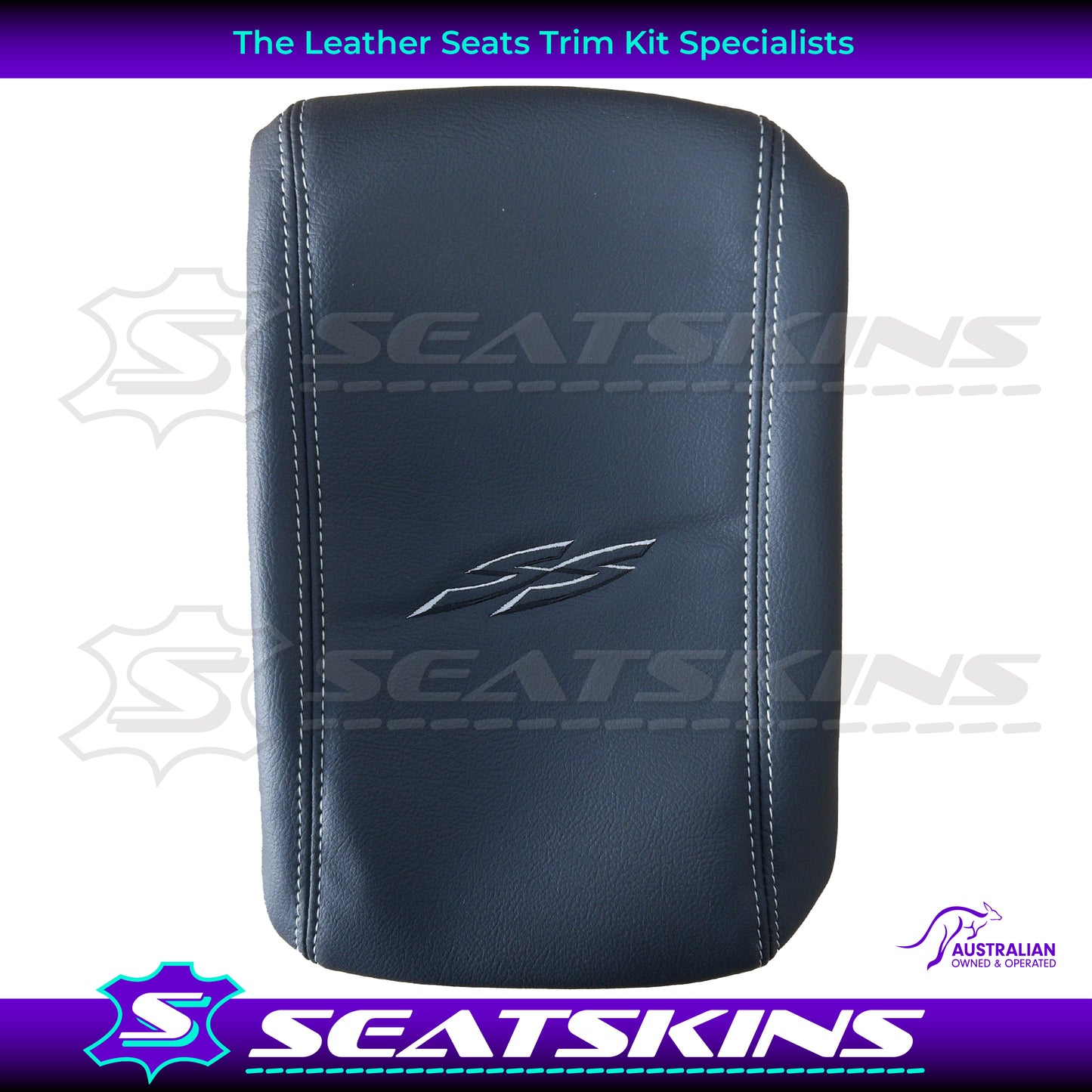CONSOLE COVER FOR HOLDEN VY/VZ ANTHRACITE WHITE SS LOGO WHITE TWIN NEEDLE STITCHING