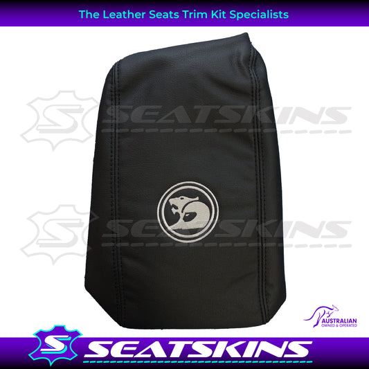 CONSOLE COVER FOR VY/VZ ANTHRACITE WHITE HSV LOGO AND BLACK TWIN NEEDLE STITCHING.