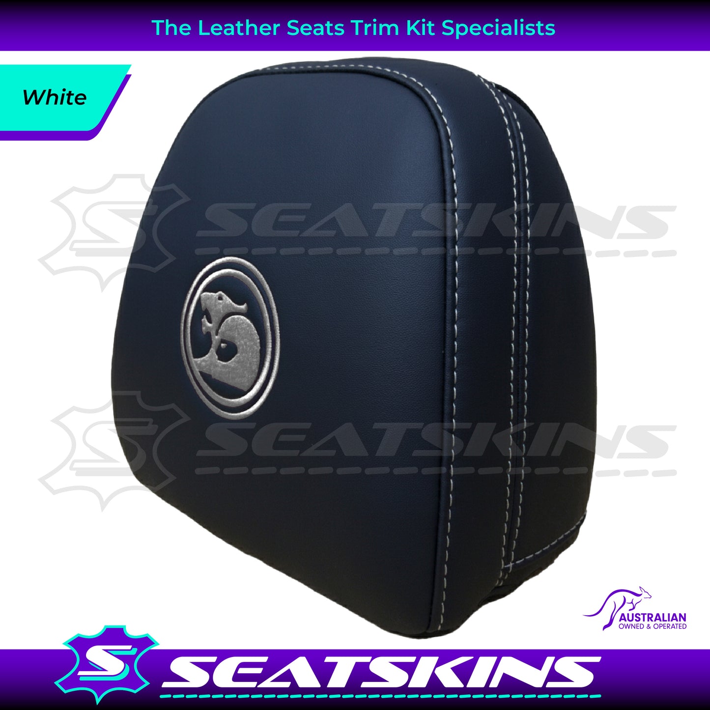 HEADREST COVERS PAIR FOR VF BLACK LEATHERETTE SILVER OR RED STITCH HSV LOGO