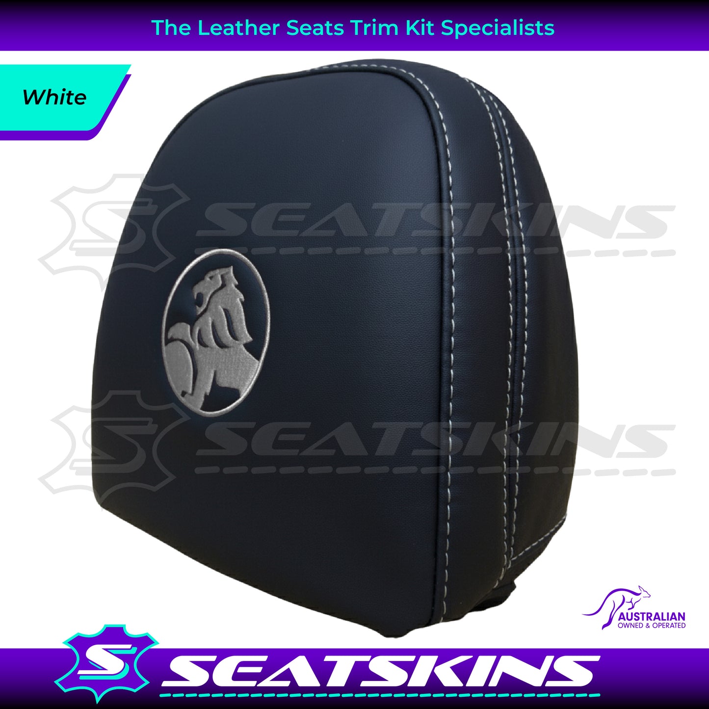 HEADREST COVERS PAIR FOR VF BLACK LEATHERETTE SILVER OR RED STITCH HOLDEN LOGO