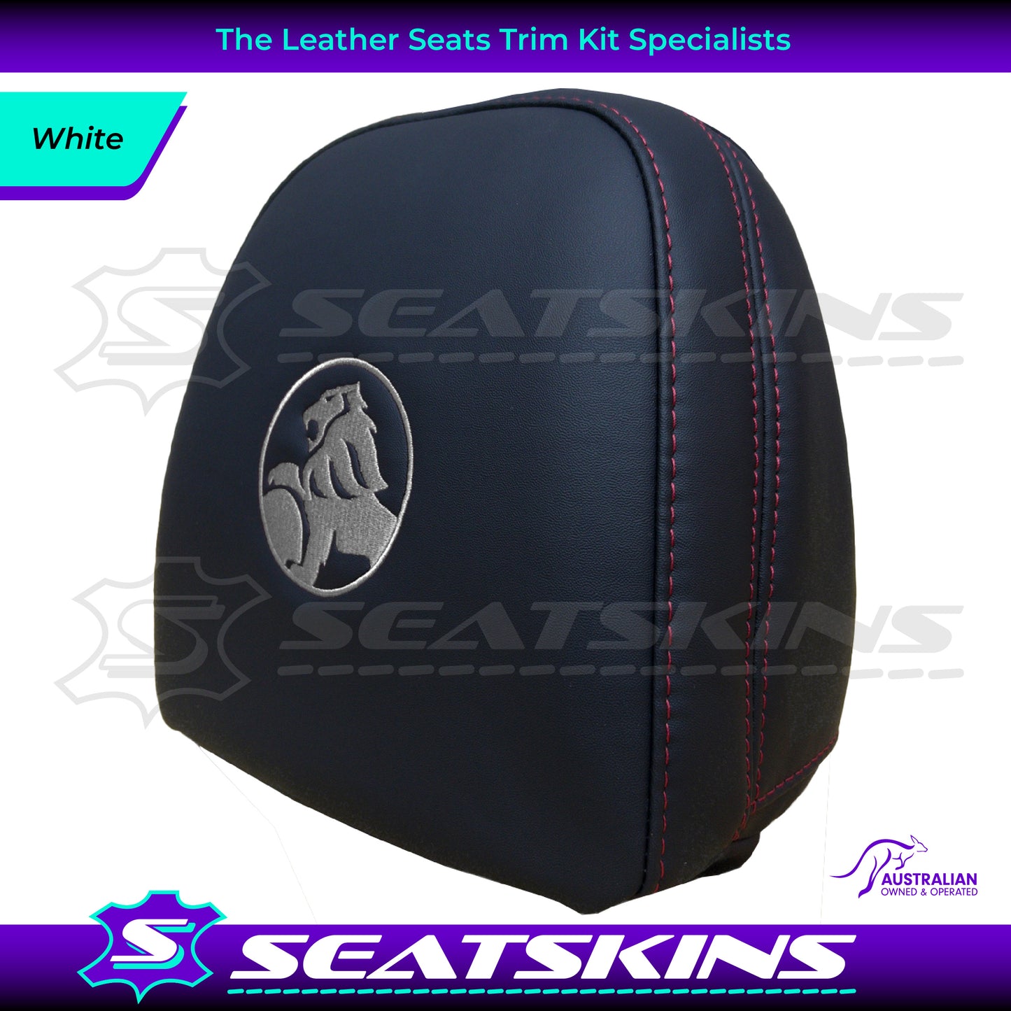 HEADREST COVERS PAIR FOR VF BLACK LEATHERETTE SILVER OR RED STITCH HOLDEN LOGO