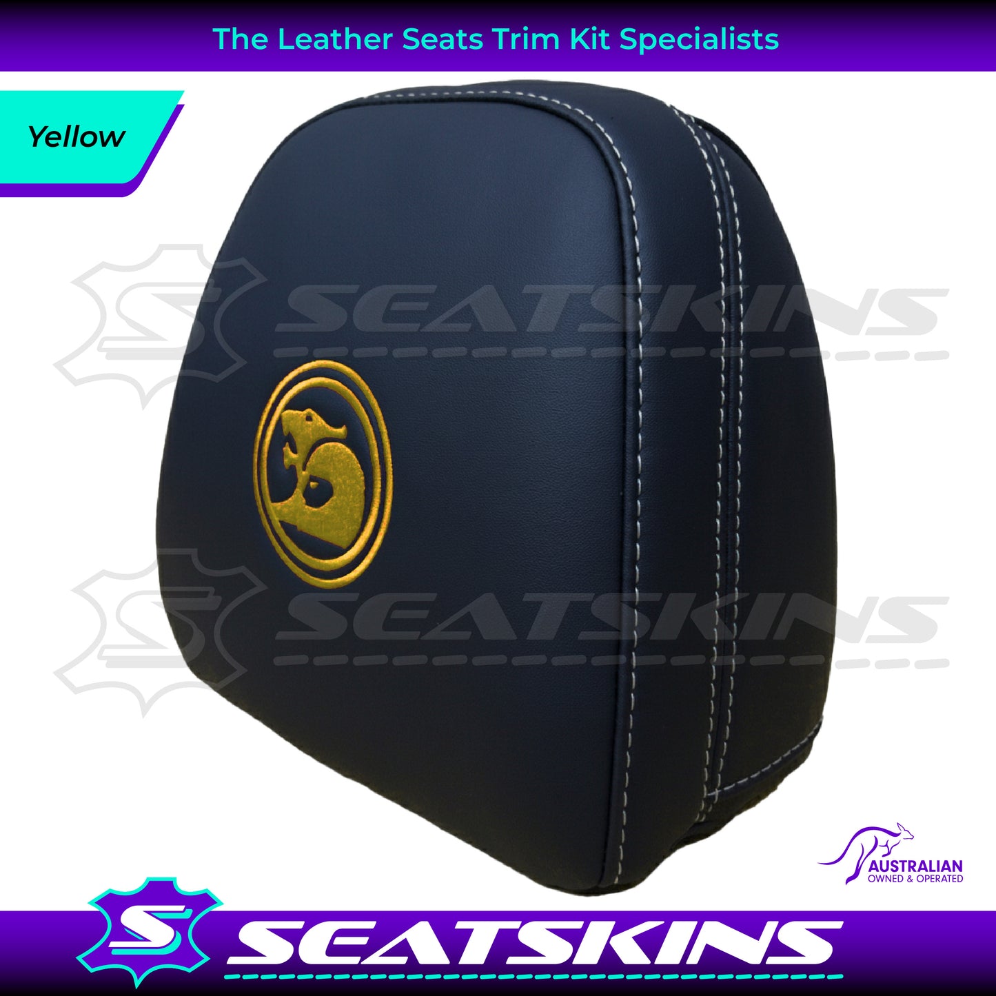 HEADREST COVERS PAIR FOR VF BLACK LEATHERETTE SILVER OR RED STITCH HSV LOGO