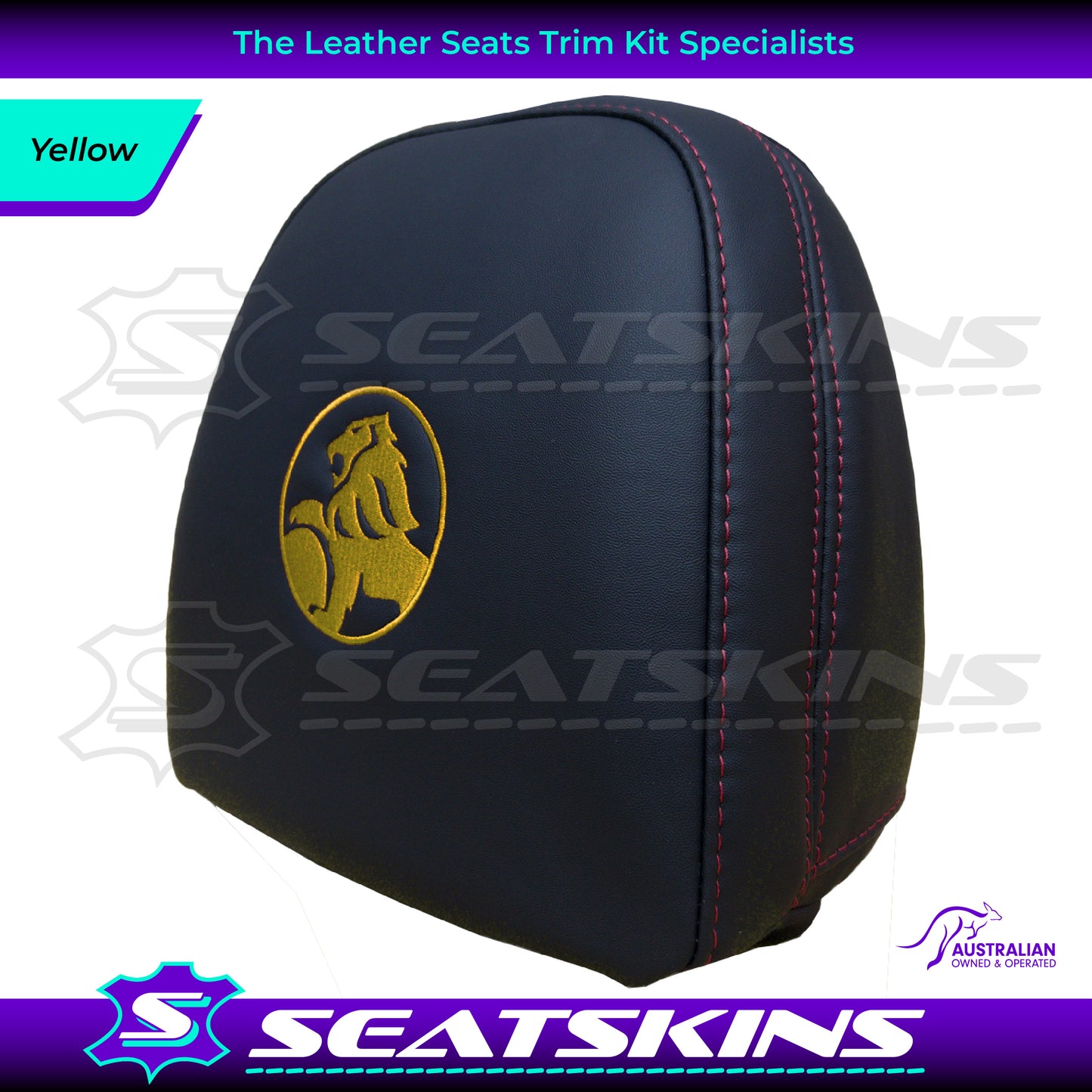 HEADREST COVERS PAIR FOR VF BLACK LEATHERETTE SILVER OR RED STITCH HOLDEN LOGO