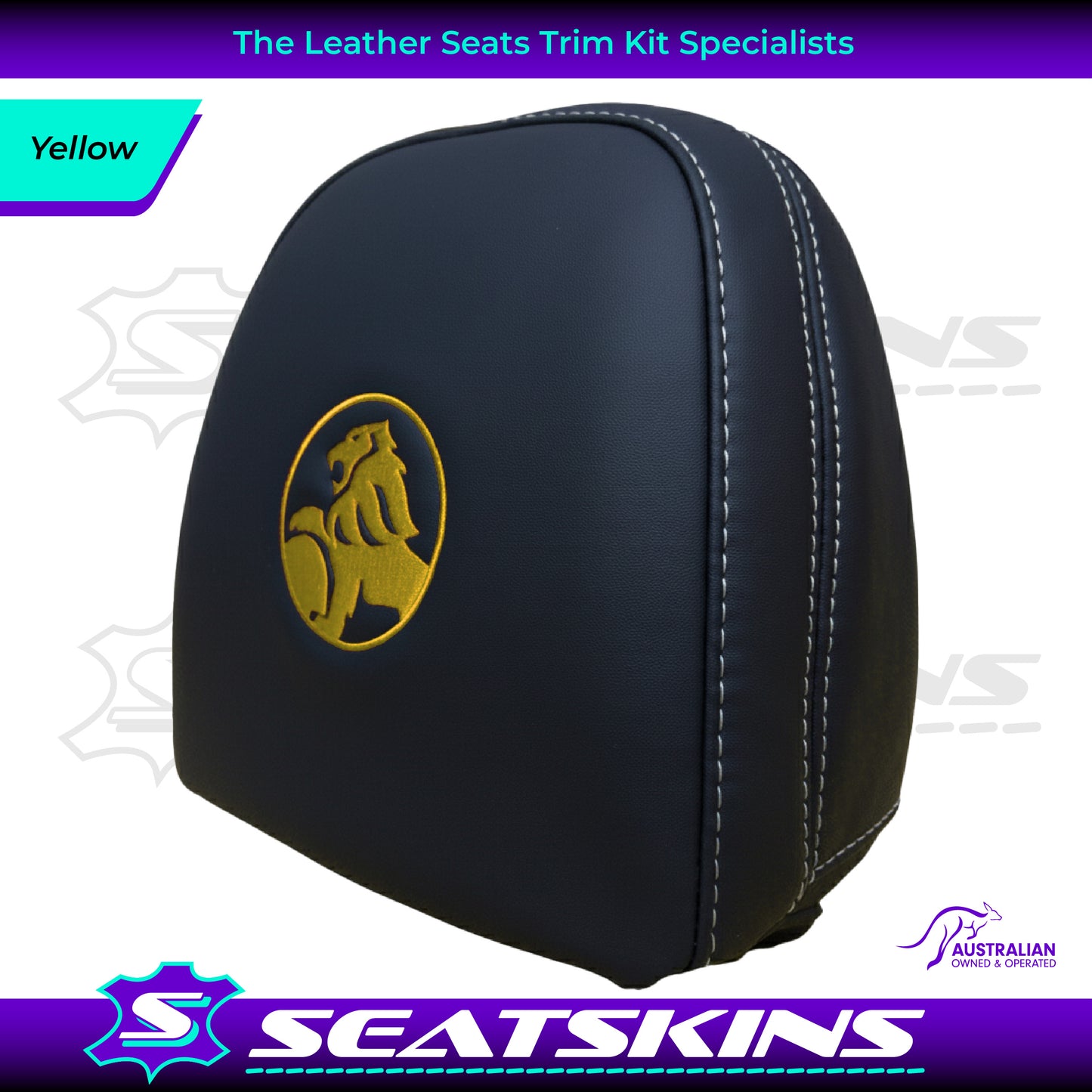 HEADREST COVERS PAIR FOR VF BLACK LEATHERETTE SILVER OR RED STITCH HOLDEN LOGO